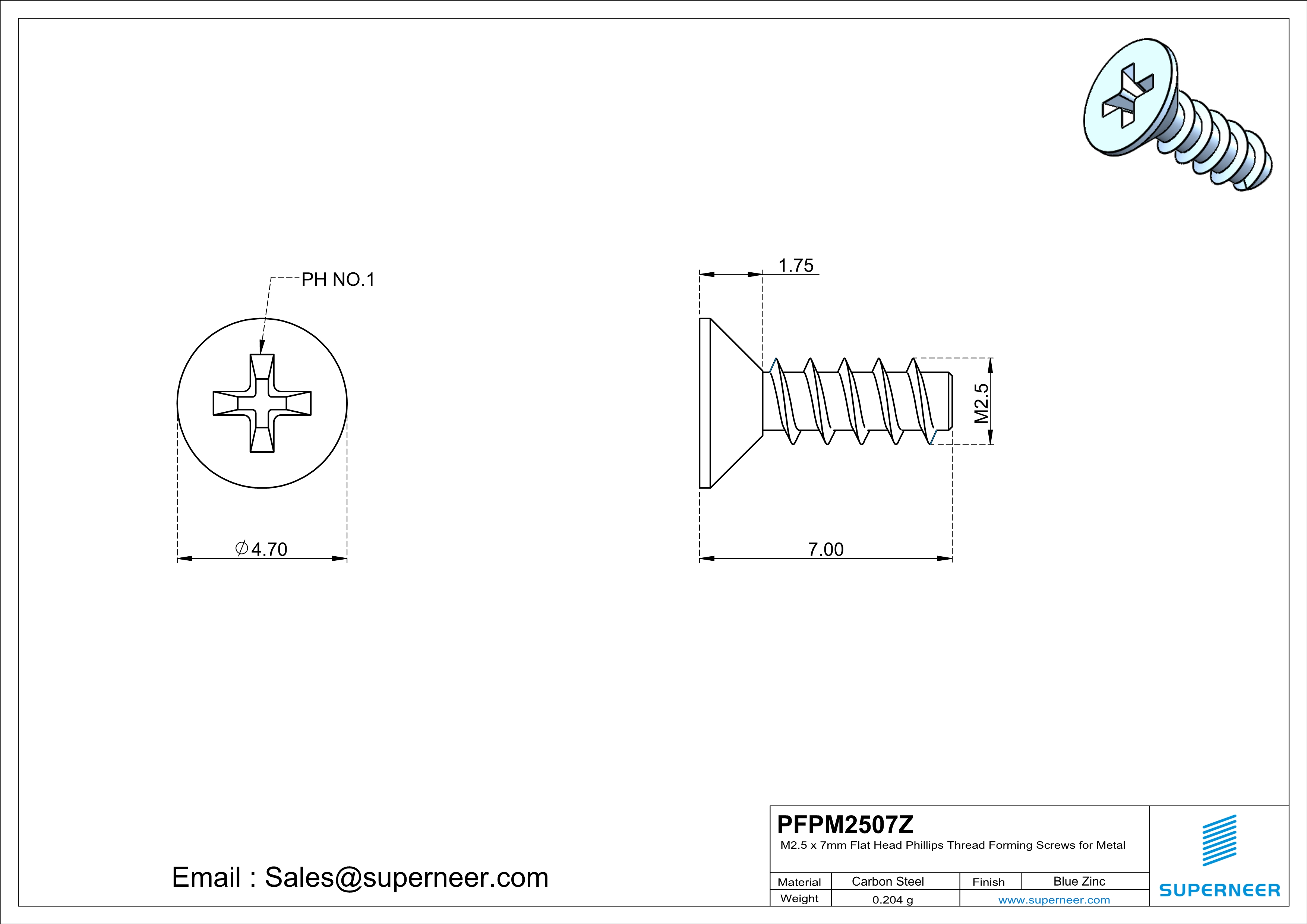 M2.5 &times; 7mm  Flat Head Phillips Thread Foming Screws for Plastic   Steel Blue Zinc Plated