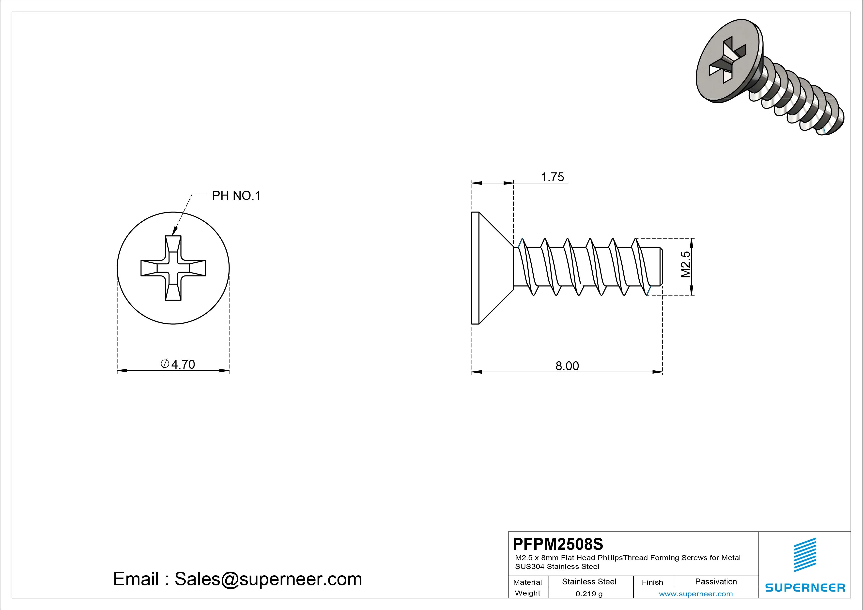 M2.5 &times; 8mm  Flat Head Phillips Thread Foming Screws for Plastic SUS304 Stainless Steel Inox