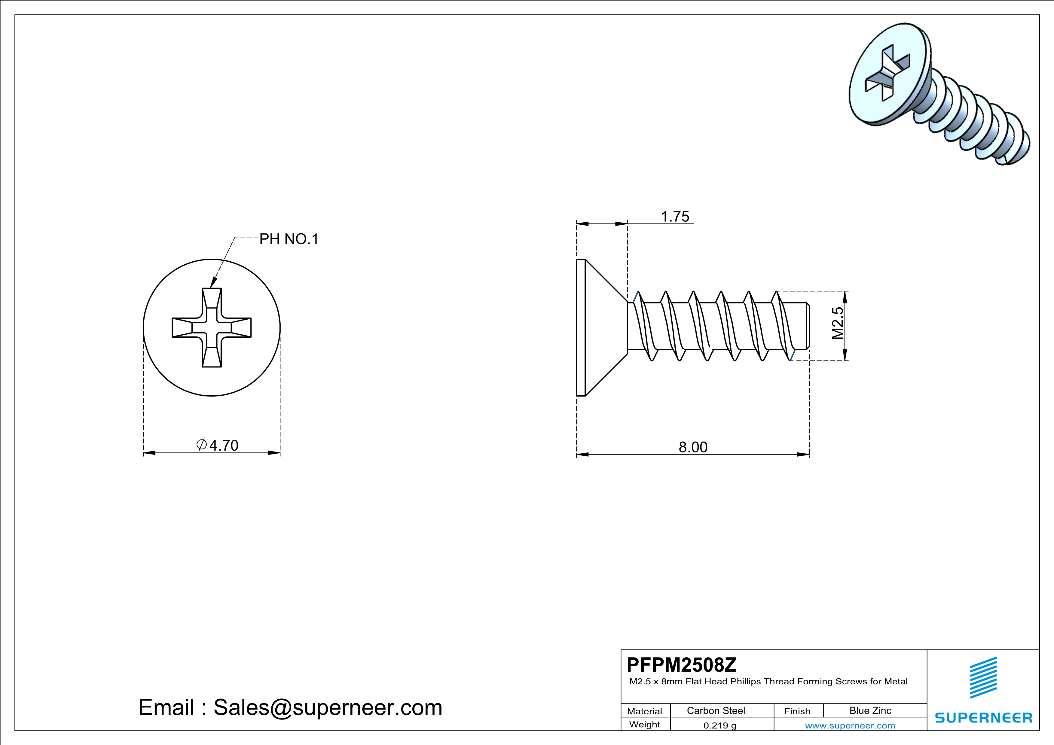 M2.5 &times; 8mm  Flat Head Phillips Thread Foming Screws for Plastic   Steel Blue Zinc Plated