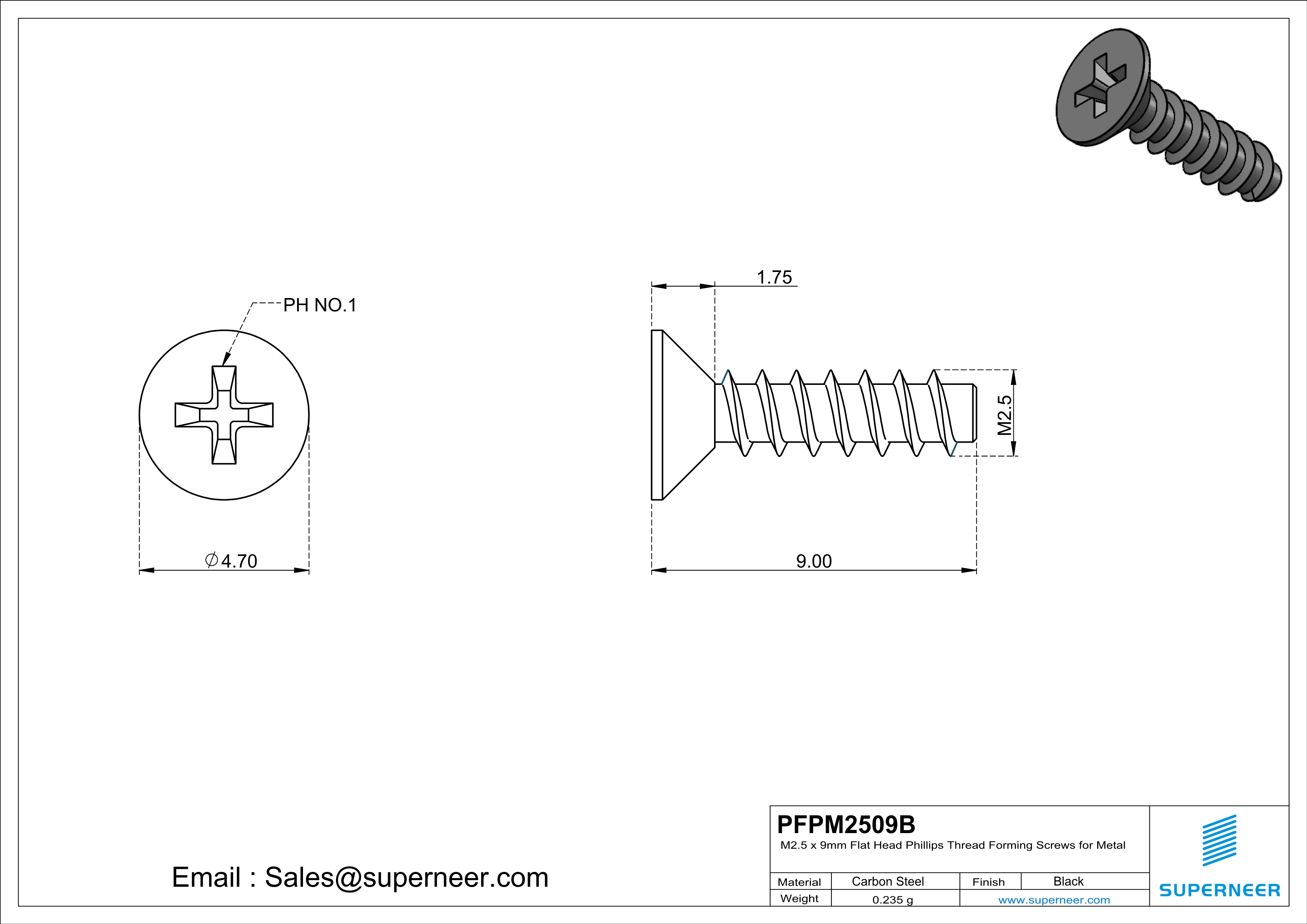 M2.5 &times; 9mm  Flat Head Phillips Thread Foming Screws for Plastic   Steel Black