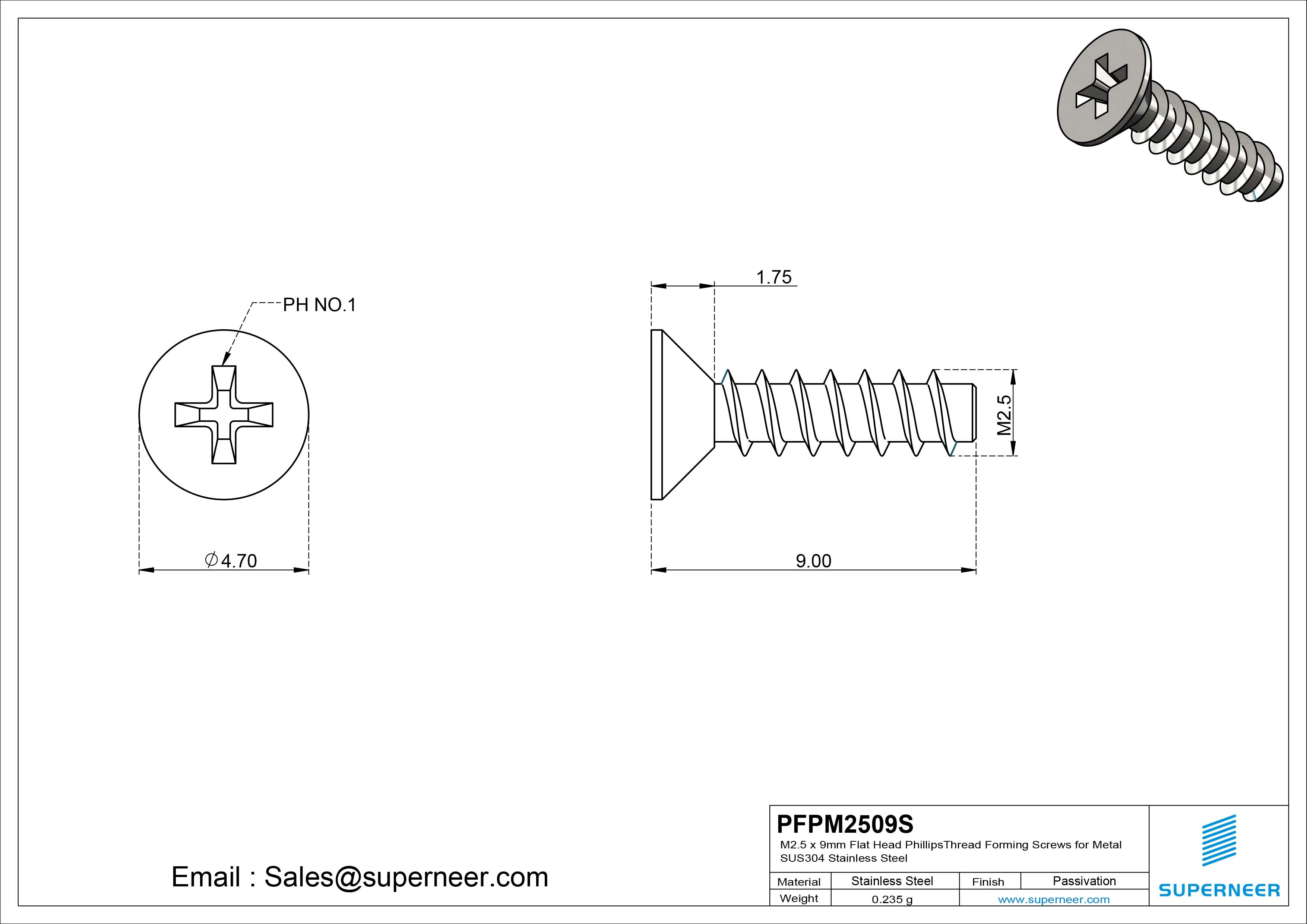 M2.5 &times; 9mm  Flat Head Phillips Thread Foming Screws for Plastic SUS304 Stainless Steel Inox
