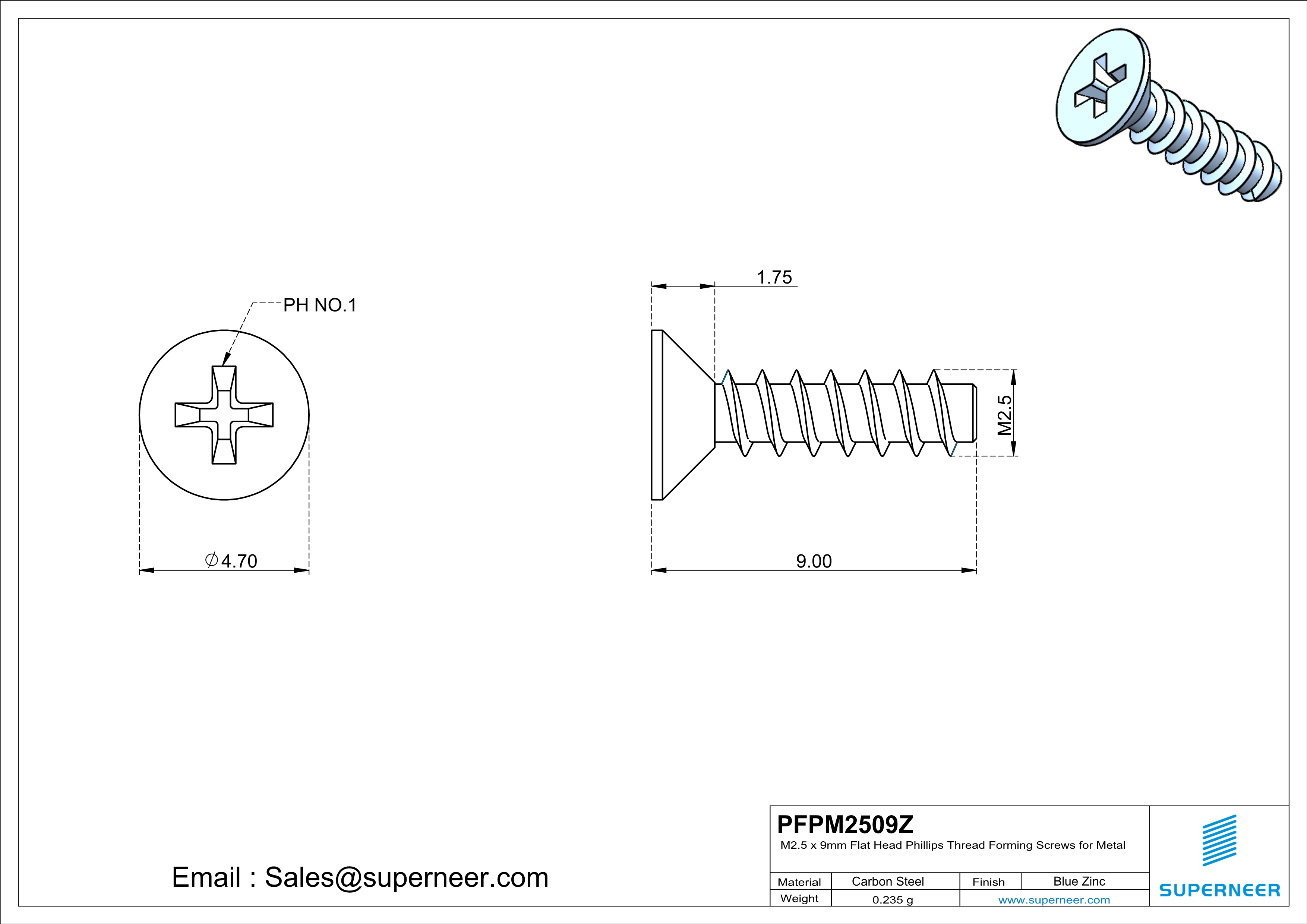 M2.5 &times; 9mm  Flat Head Phillips Thread Foming Screws for Plastic   Steel Blue Zinc Plated