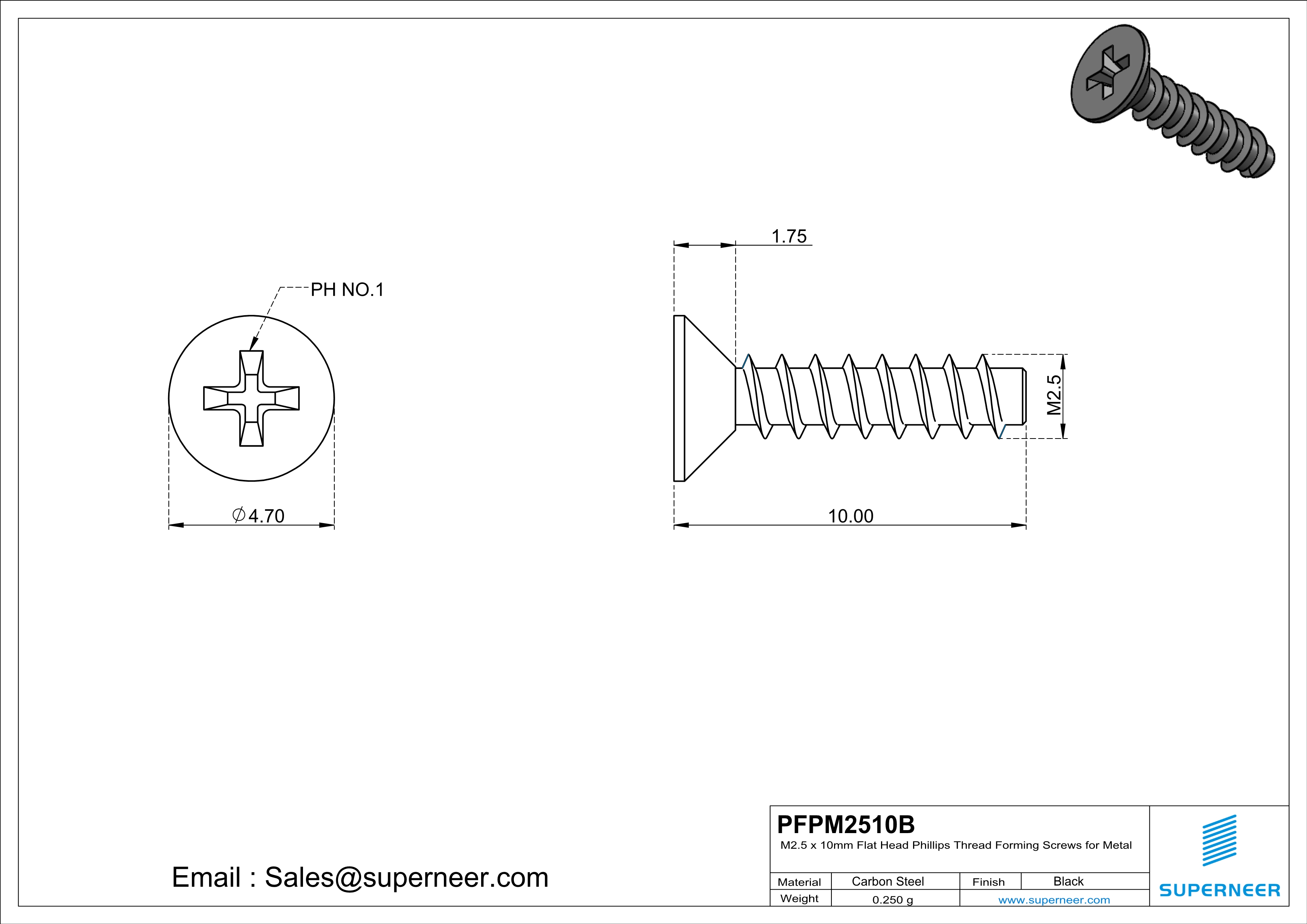 M2.5 &times; 10mm  Flat Head Phillips Thread Foming Screws for Plastic   Steel Black
