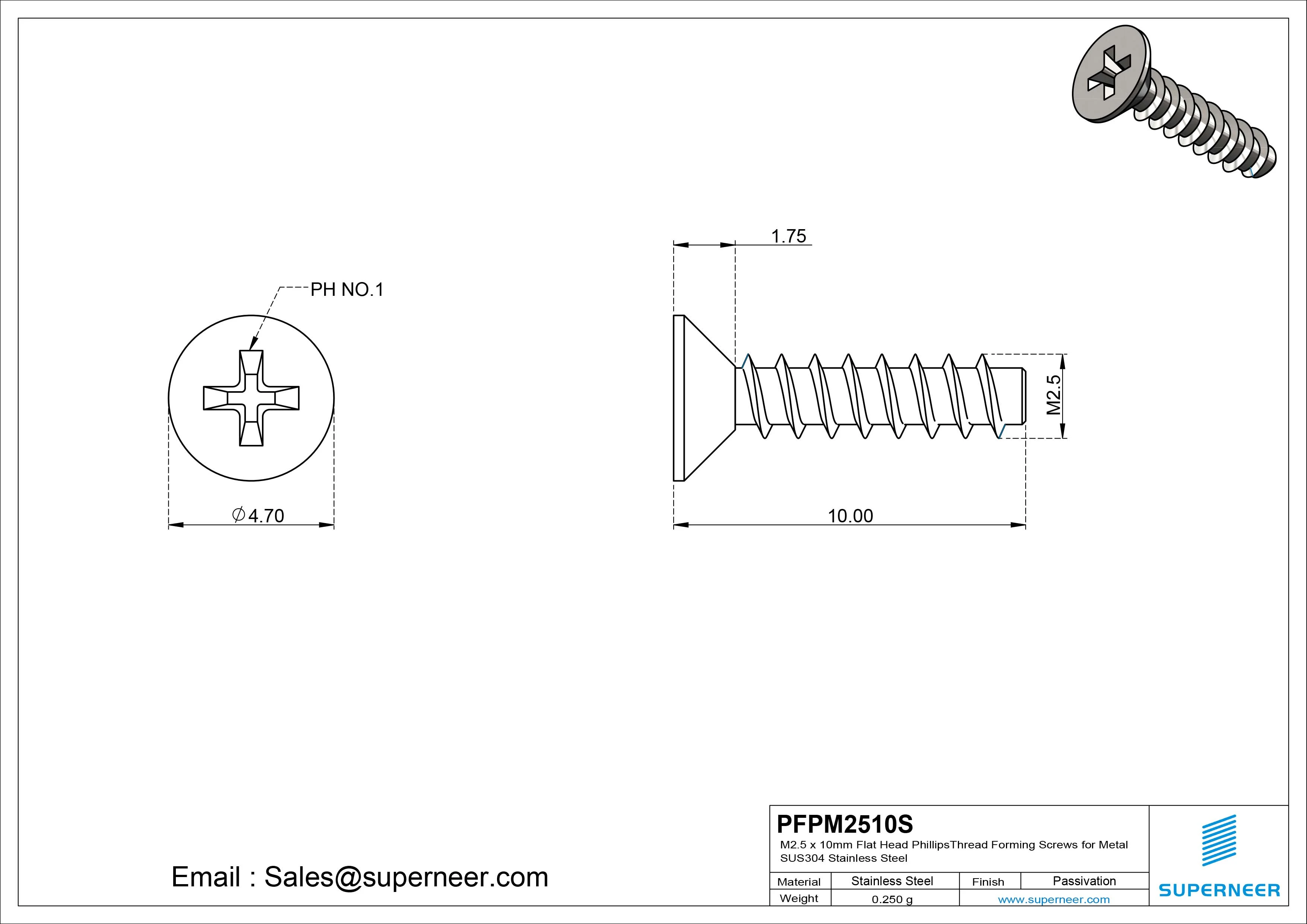 M2.5 &times; 10mm  Flat Head Phillips Thread Foming Screws for Plastic SUS304 Stainless Steel Inox