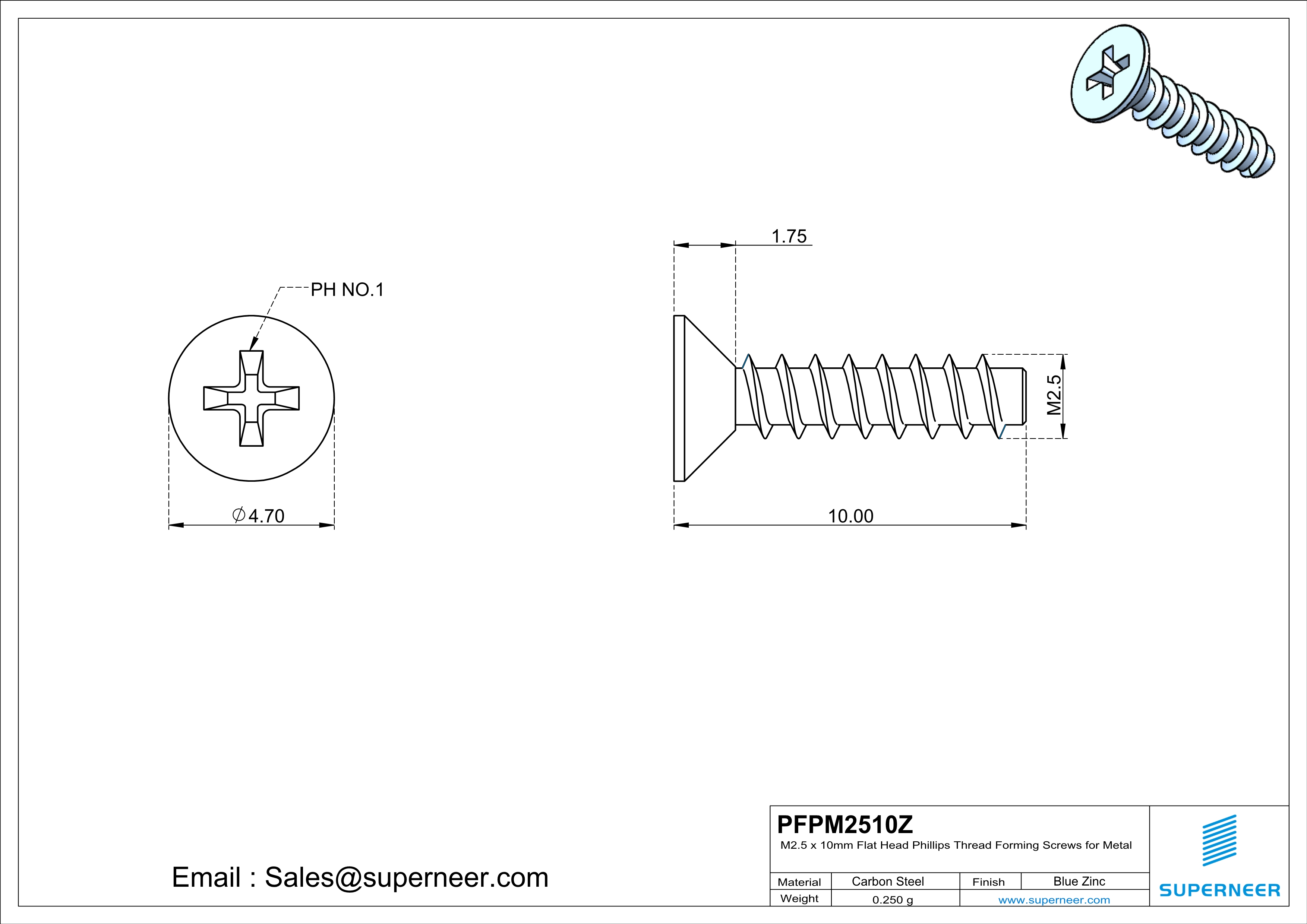 M2.5 &times; 10mm  Flat Head Phillips Thread Foming Screws for Plastic   Steel Blue Zinc Plated