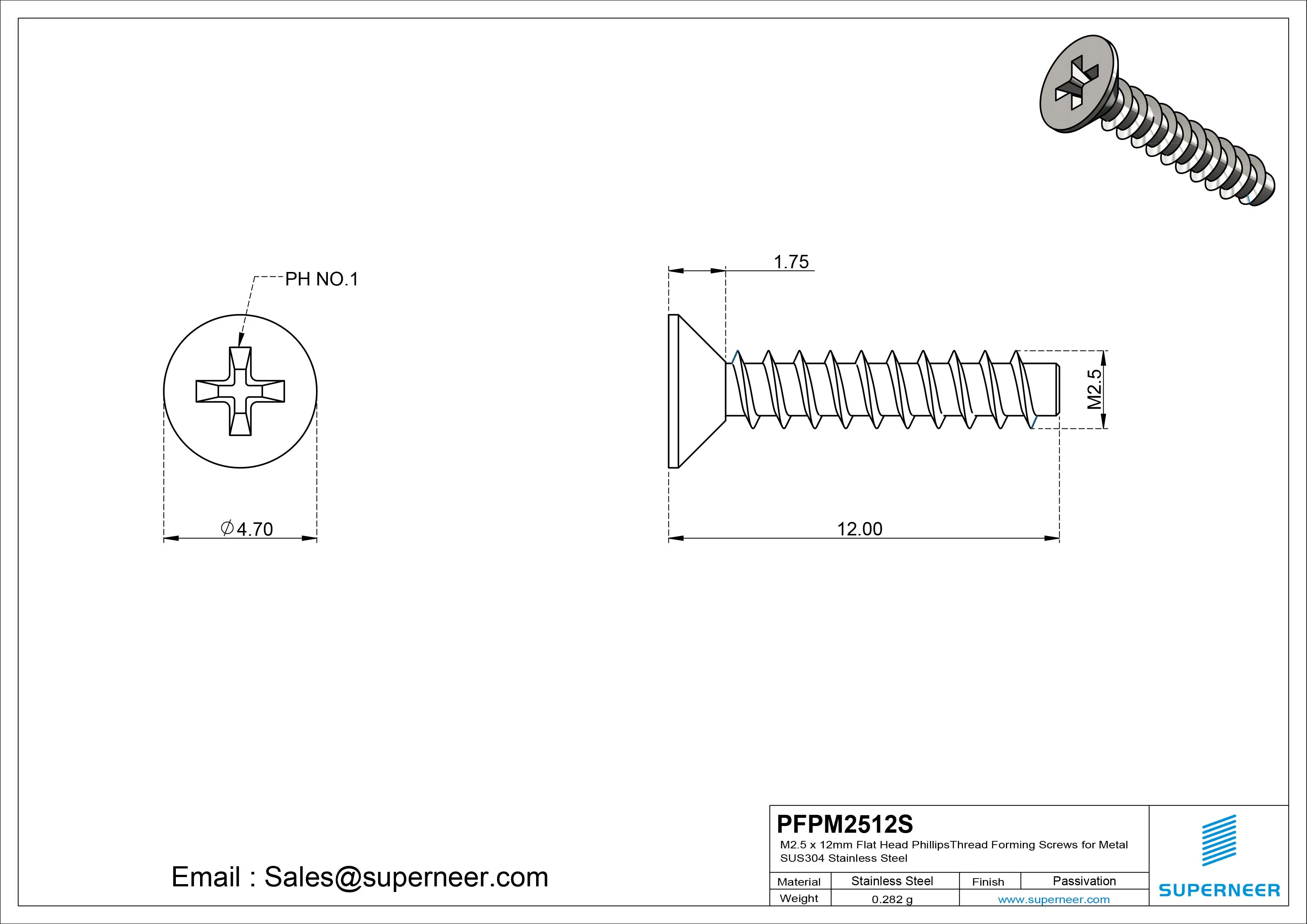 M2.5 &times; 12mm  Flat Head Phillips Thread Foming Screws for Plastic SUS304 Stainless Steel Inox