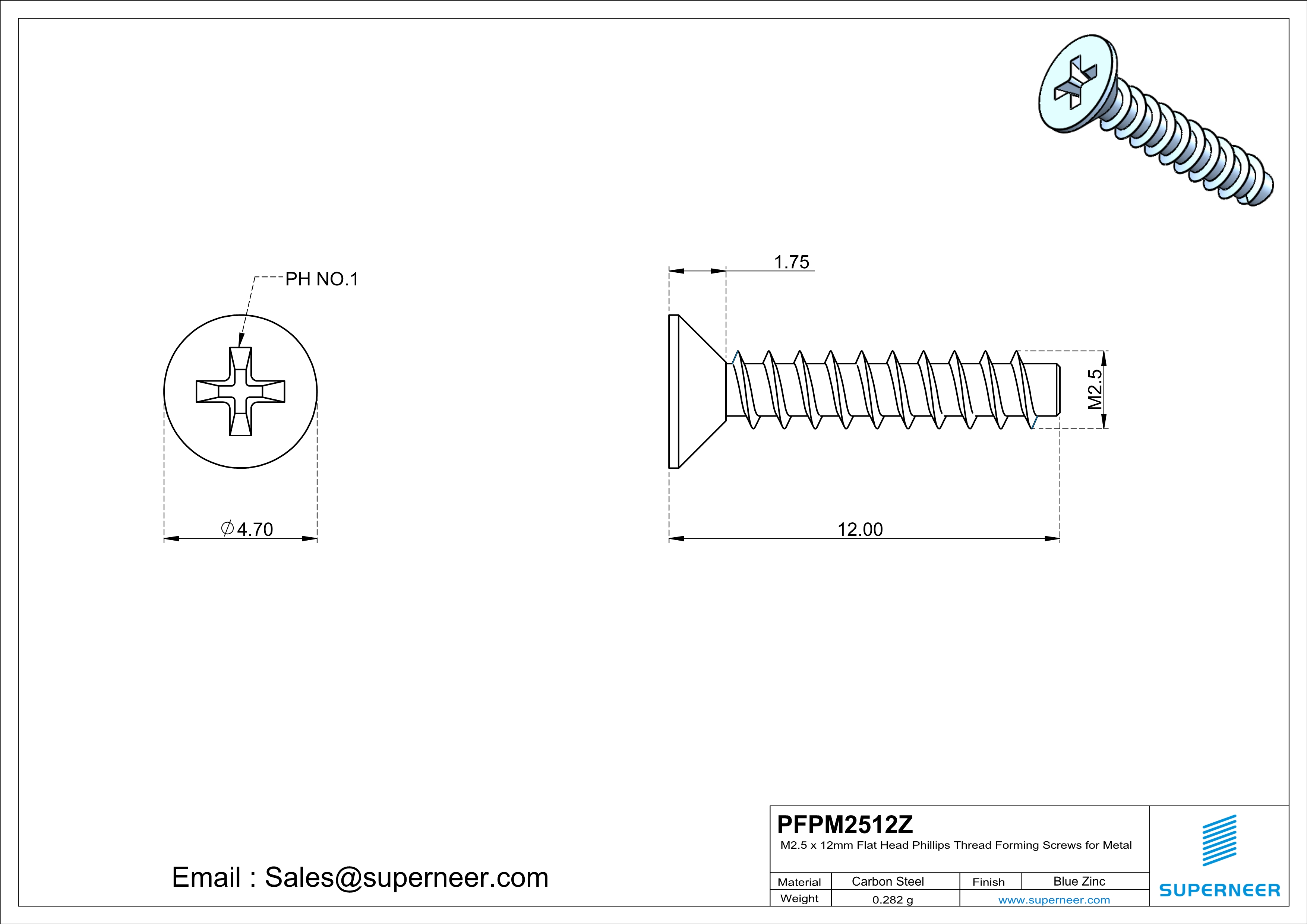 M2.5 &times; 12mm  Flat Head Phillips Thread Foming Screws for Plastic   Steel Blue Zinc Plated
