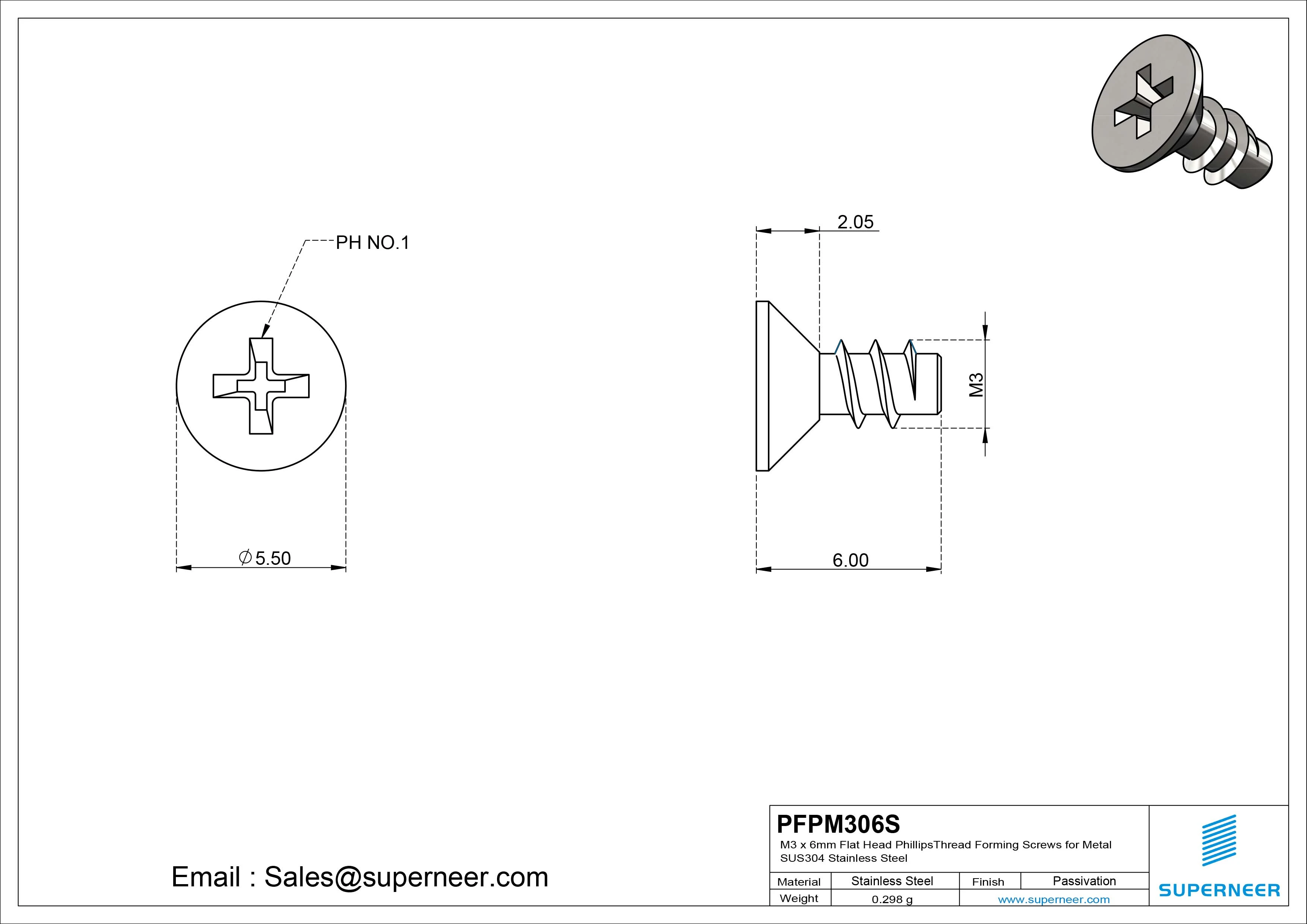 M3 &times; 6mm  Flat Head Phillips Thread Foming Screws for Plastic SUS304 Stainless Steel Inox