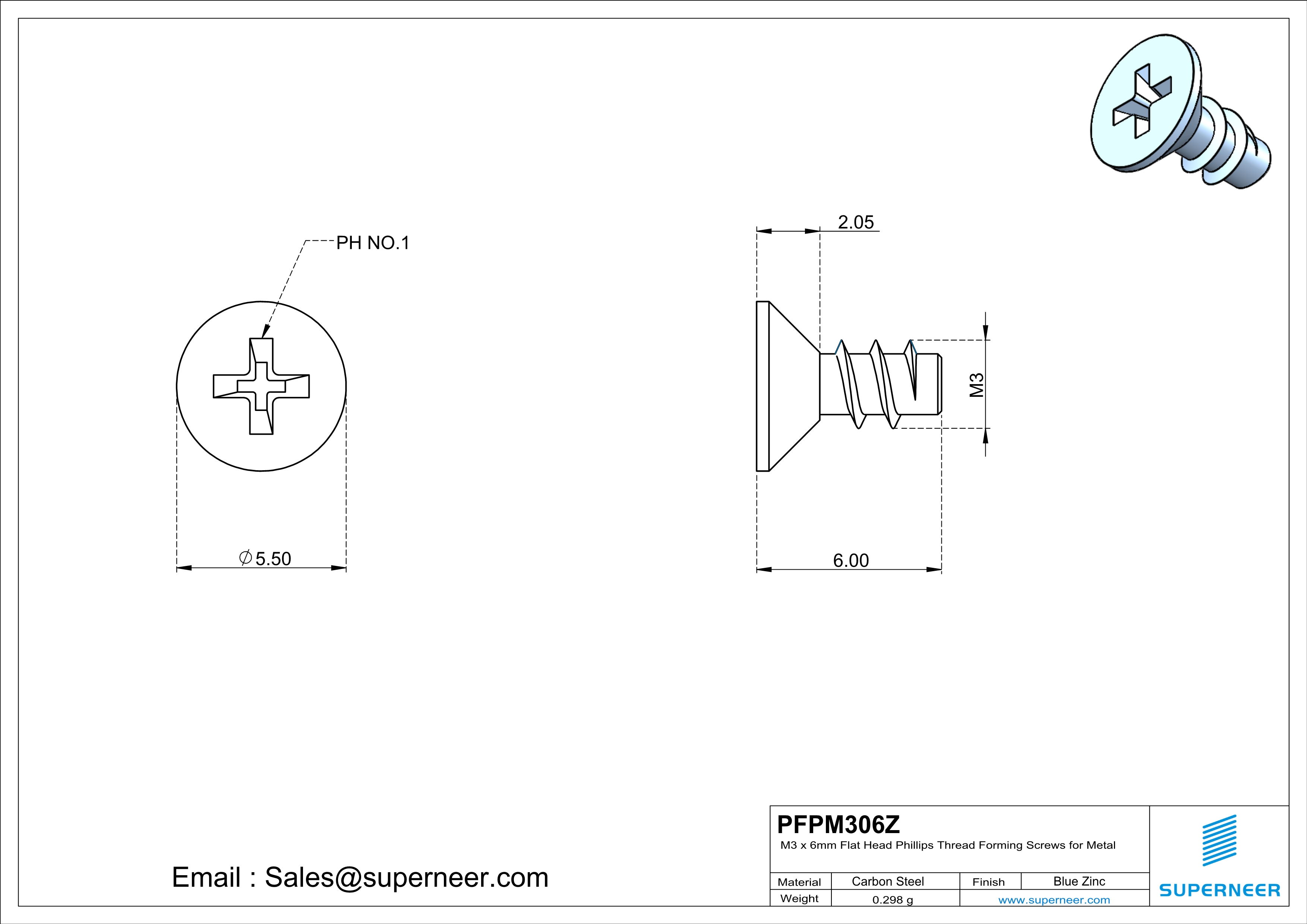 M3 &times; 6mm  Flat Head Phillips Thread Foming Screws for Plastic   Steel Blue Zinc Plated