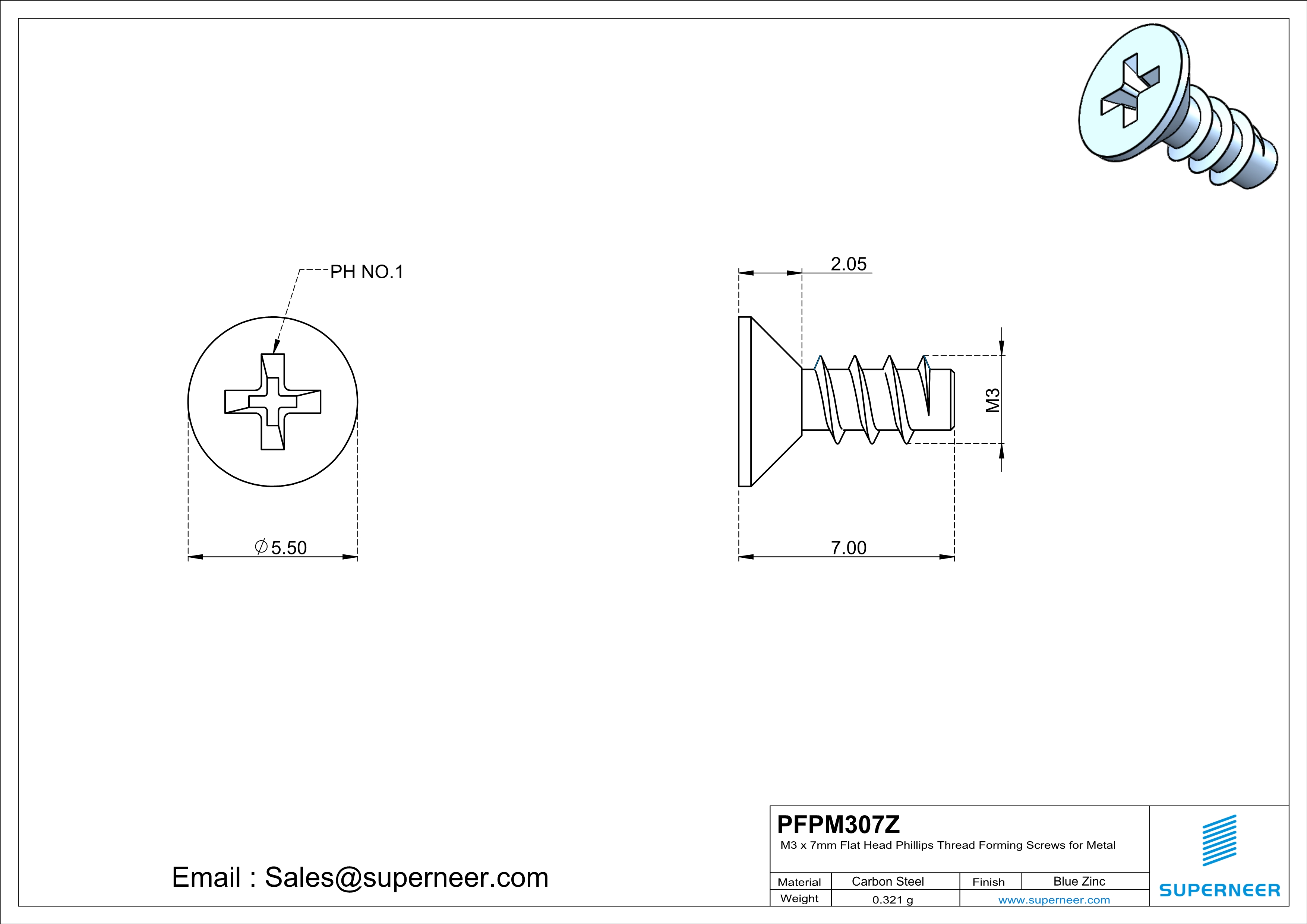 M3 &times; 7mm  Flat Head Phillips Thread Foming Screws for Plastic   Steel Blue Zinc Plated