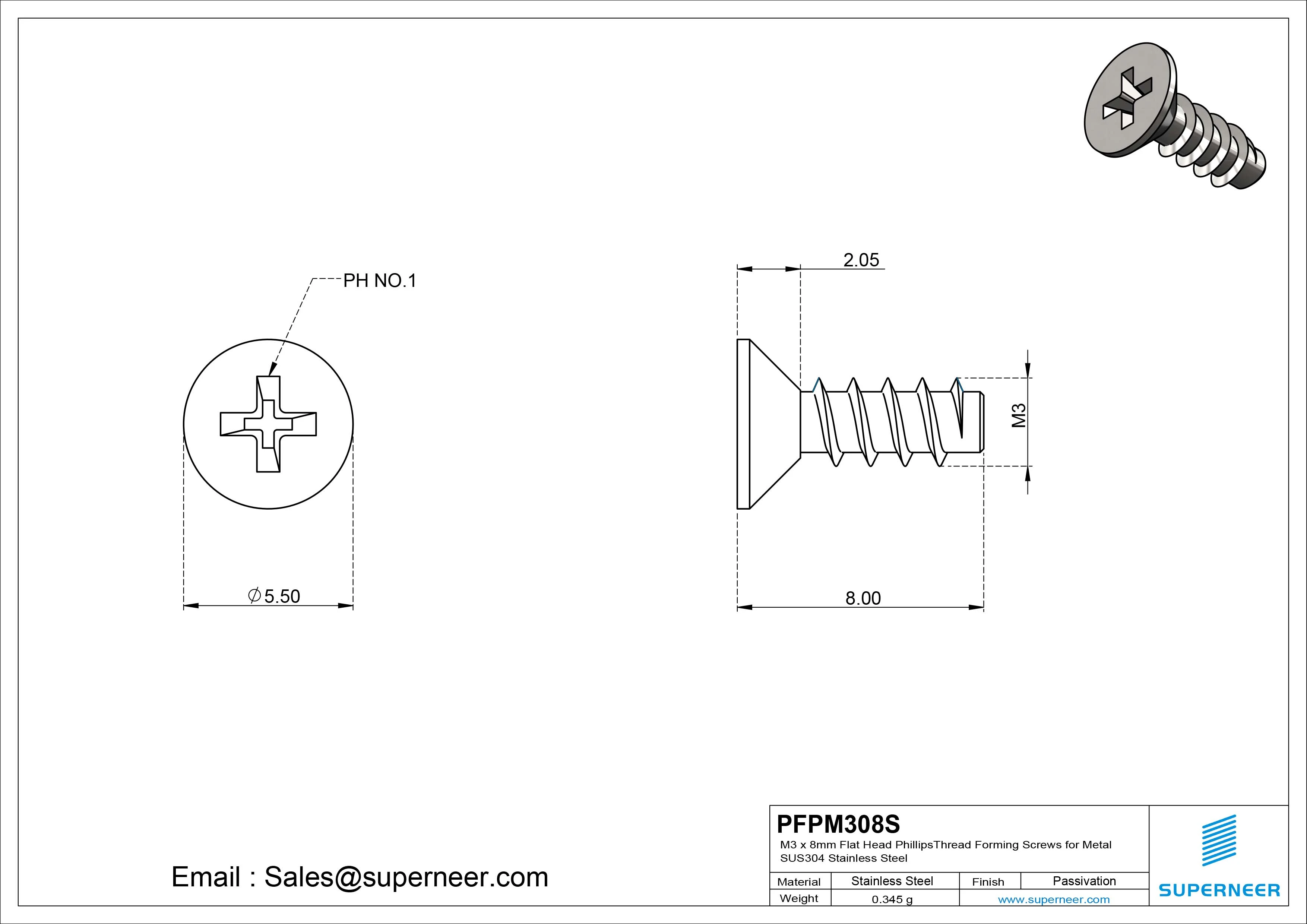 M3 &times; 8mm  Flat Head Phillips Thread Foming Screws for Plastic SUS304 Stainless Steel Inox