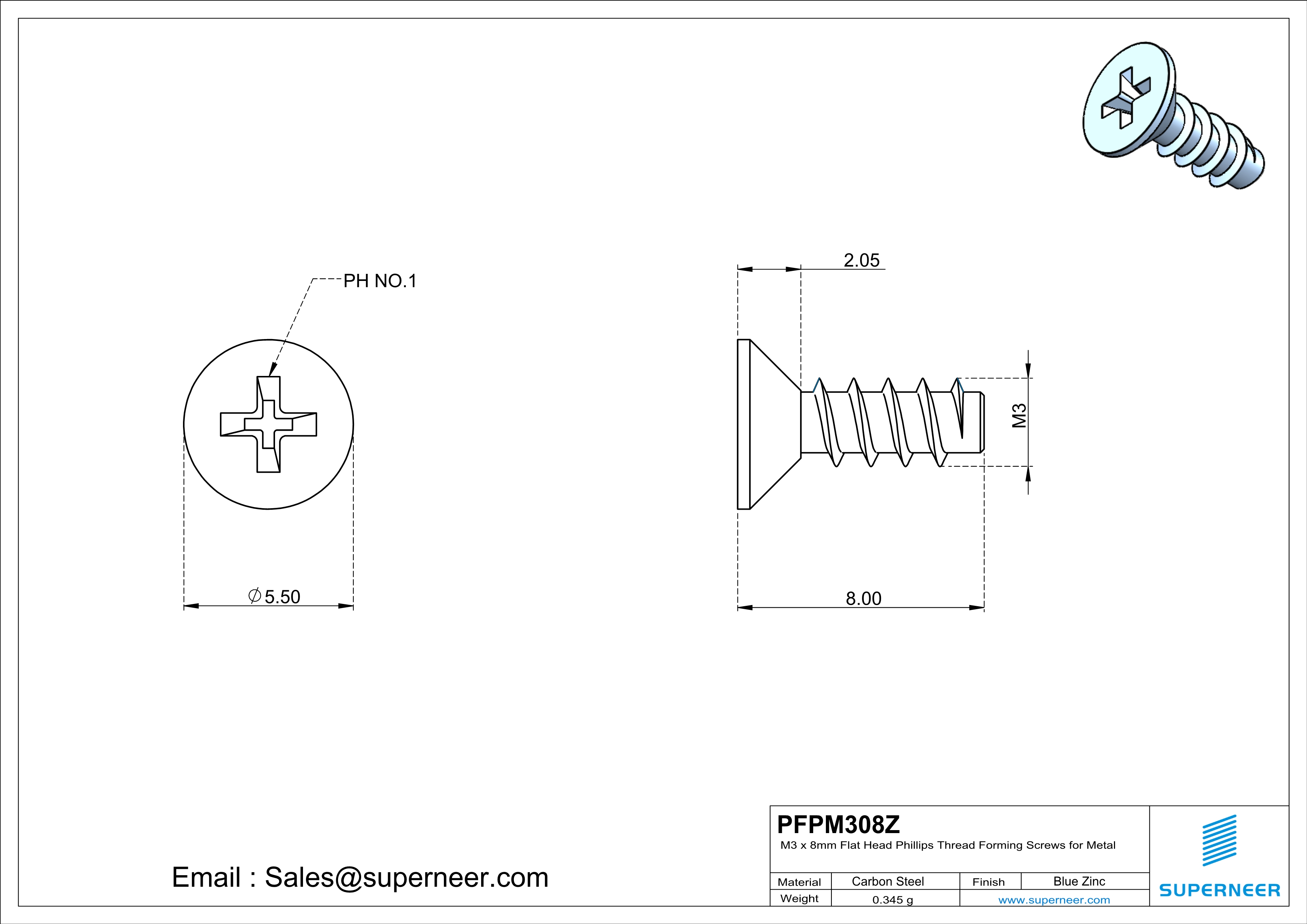 M3 &times; 8mm  Flat Head Phillips Thread Foming Screws for Plastic   Steel Blue Zinc Plated