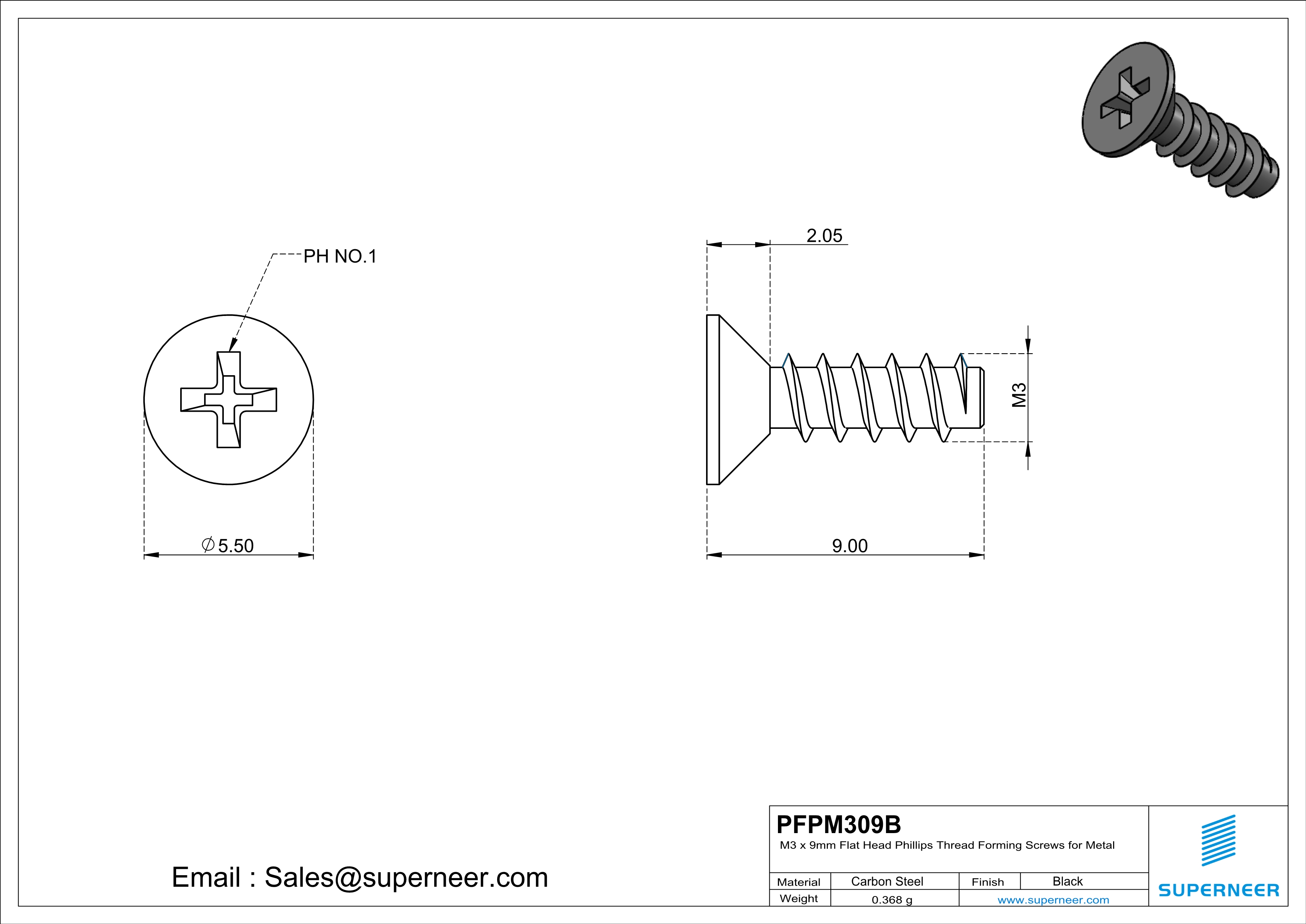 M3 &times; 9mm  Flat Head Phillips Thread Foming Screws for Plastic   Steel Black
