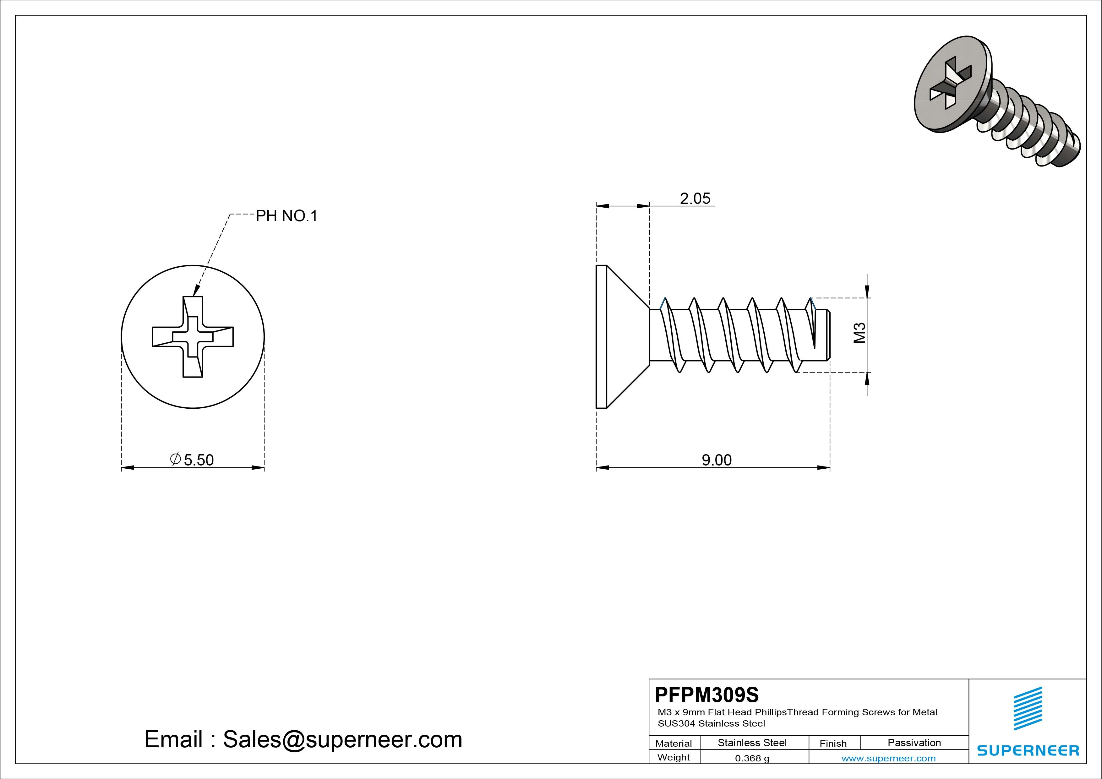 M3 &times; 9mm  Flat Head Phillips Thread Foming Screws for Plastic SUS304 Stainless Steel Inox