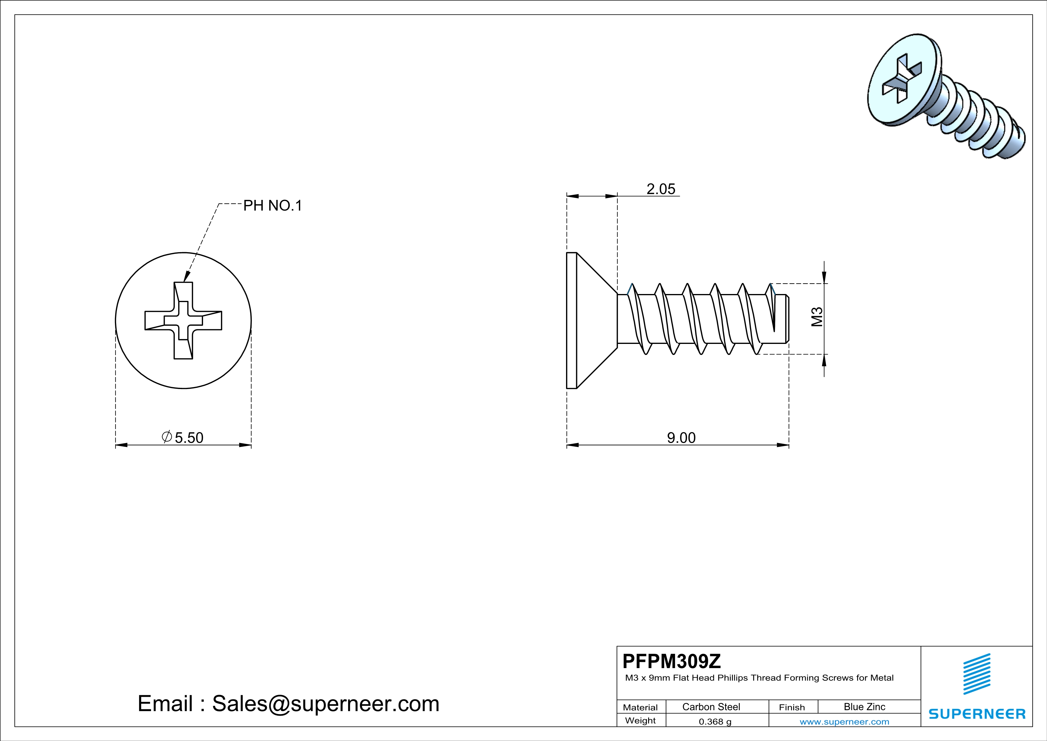 M3 &times; 9mm  Flat Head Phillips Thread Foming Screws for Plastic   Steel Blue Zinc Plated