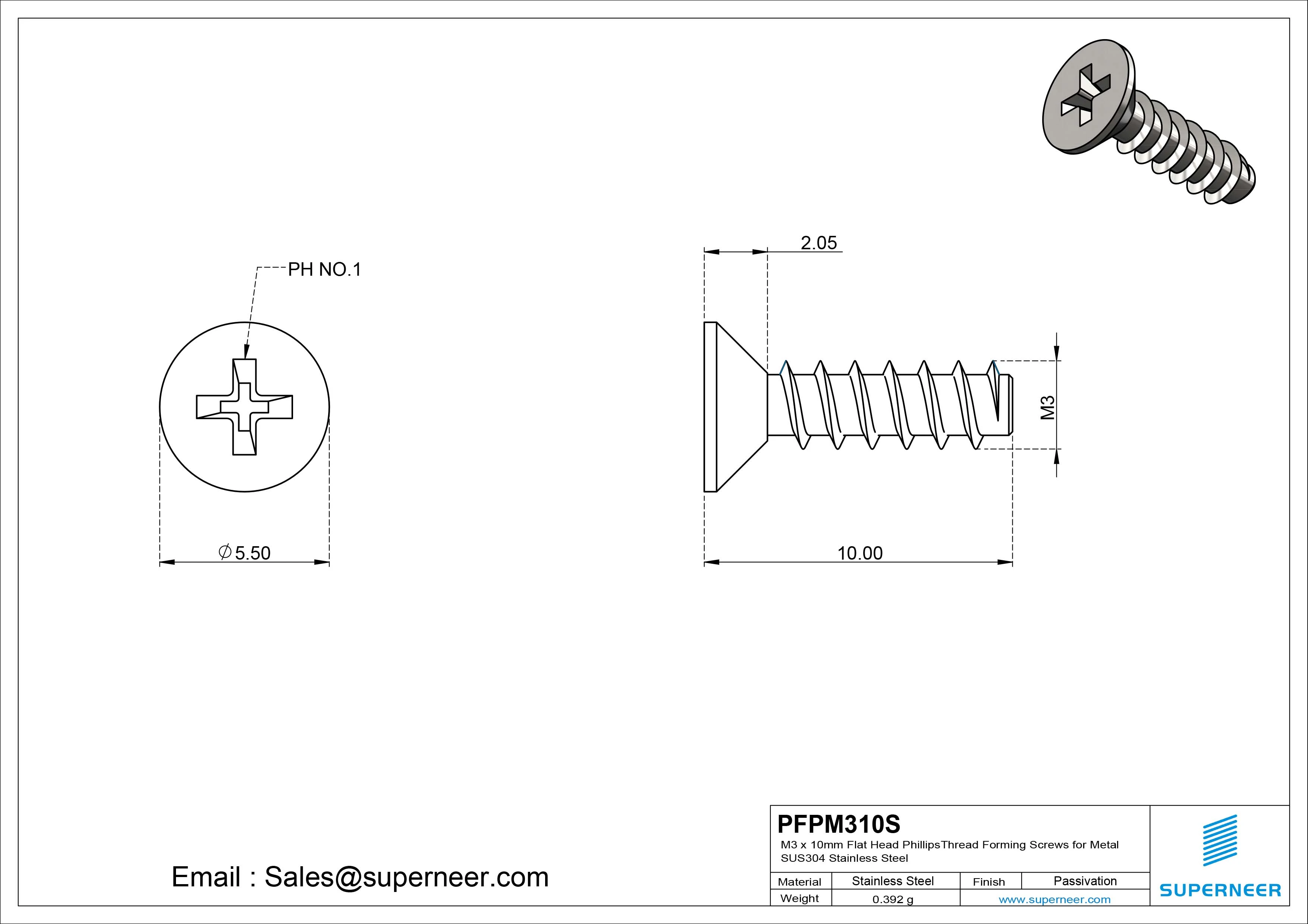 M3 &times; 10mm  Flat Head Phillips Thread Foming Screws for Plastic SUS304 Stainless Steel Inox