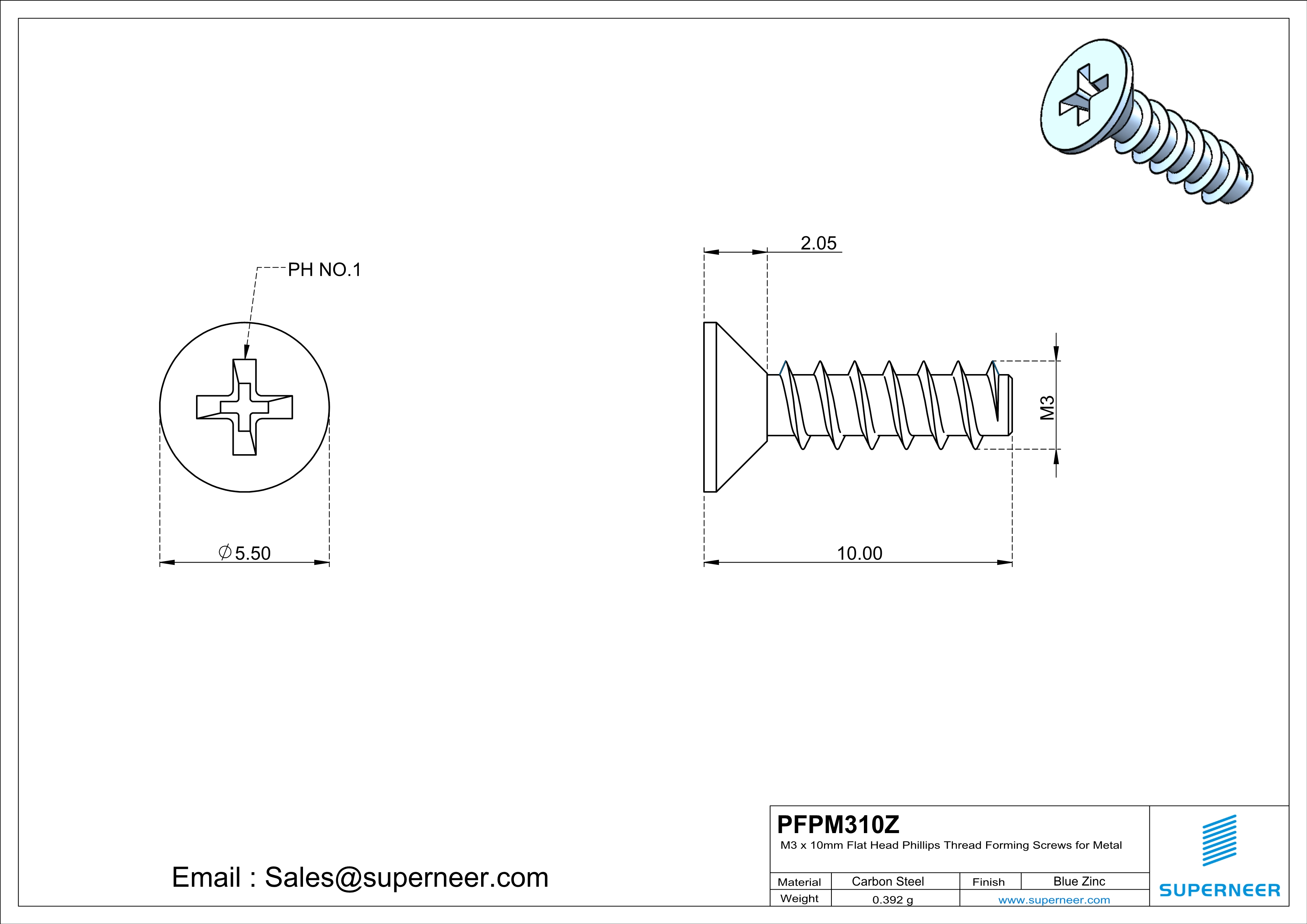 M3 &times; 10mm  Flat Head Phillips Thread Foming Screws for Plastic   Steel Blue Zinc Plated