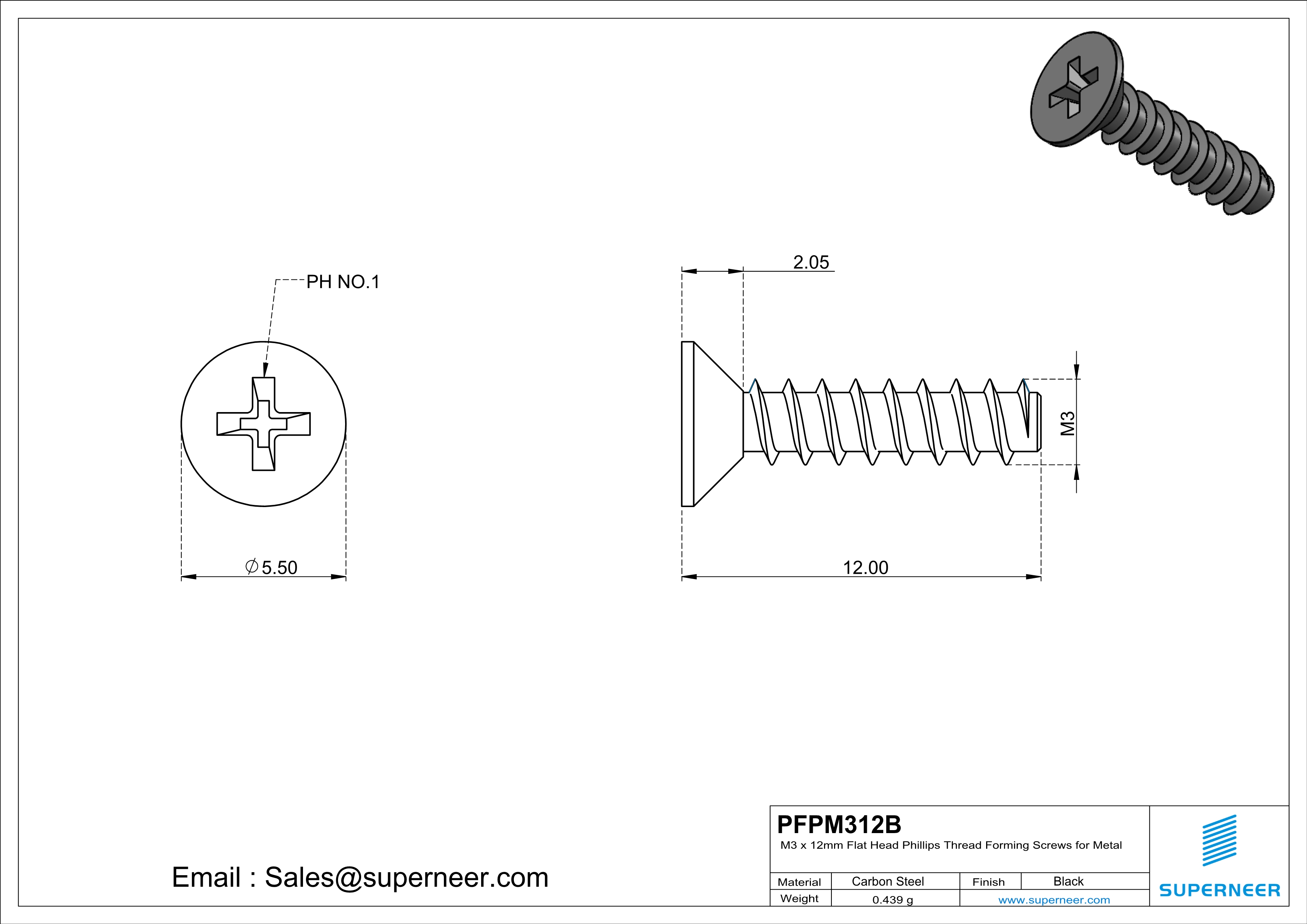 M3 &times; 12mm  Flat Head Phillips Thread Foming Screws for Plastic   Steel Black