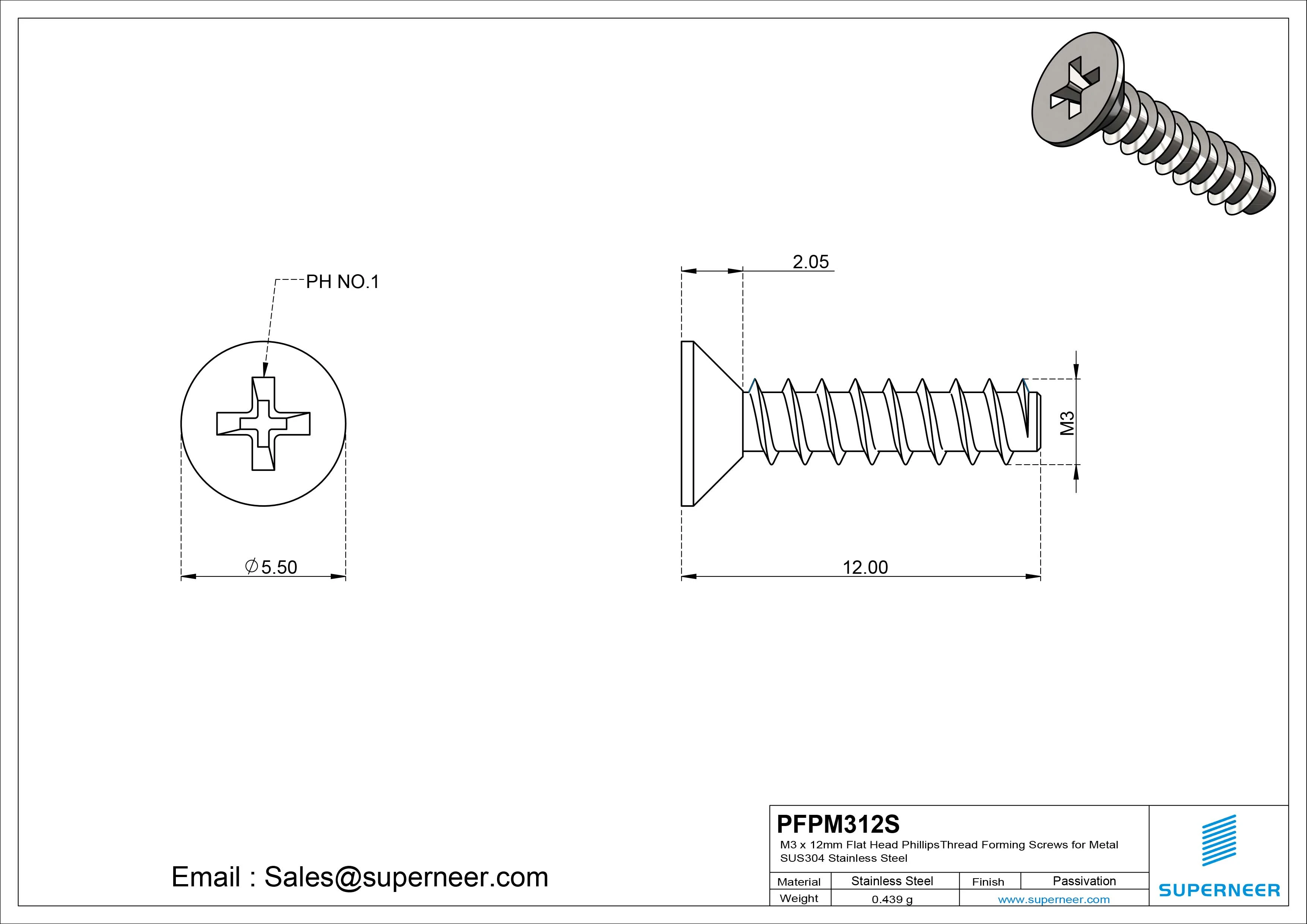 M3 &times; 12mm  Flat Head Phillips Thread Foming Screws for Plastic SUS304 Stainless Steel Inox