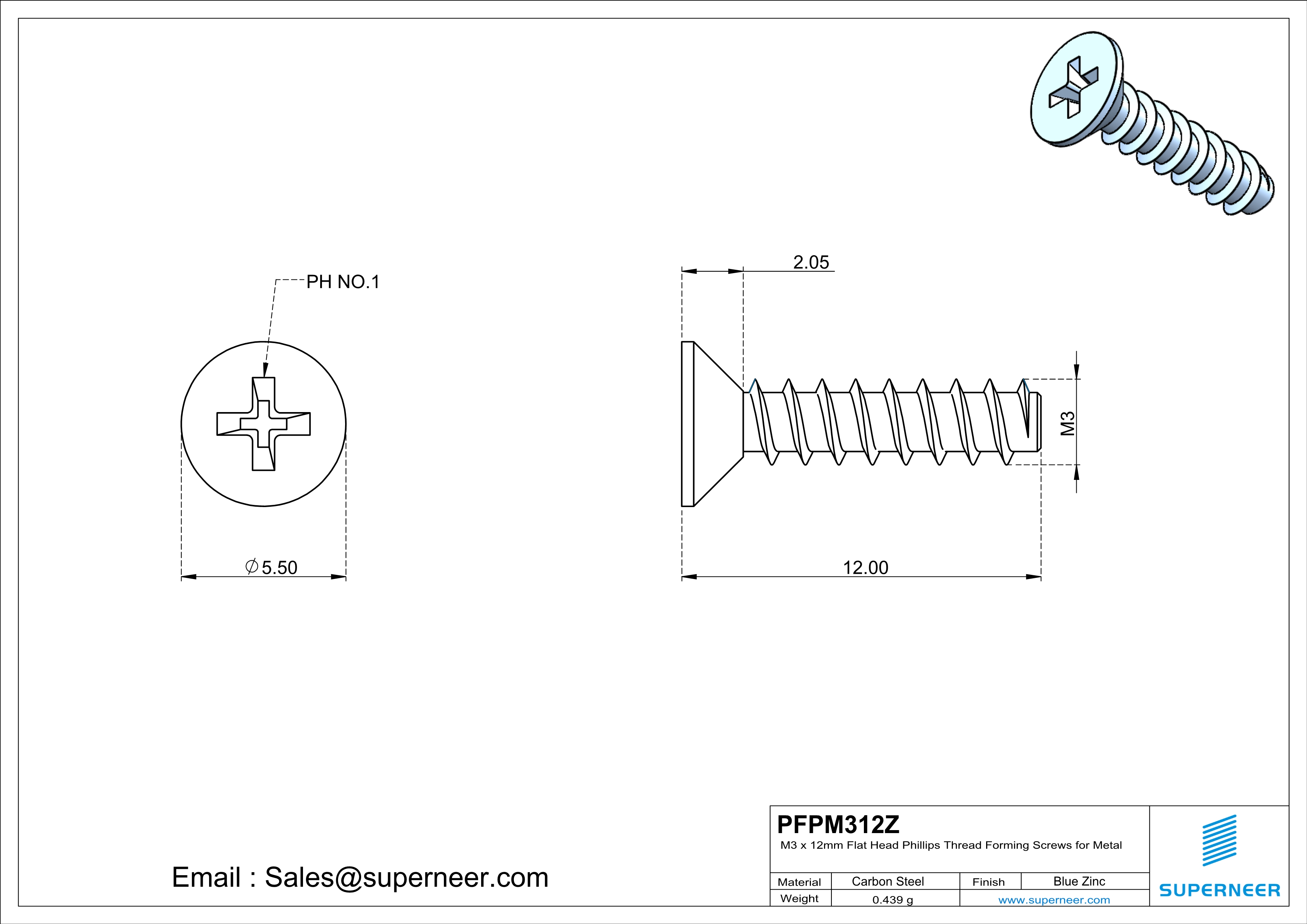 M3 &times; 12mm  Flat Head Phillips Thread Foming Screws for Plastic   Steel Blue Zinc Plated