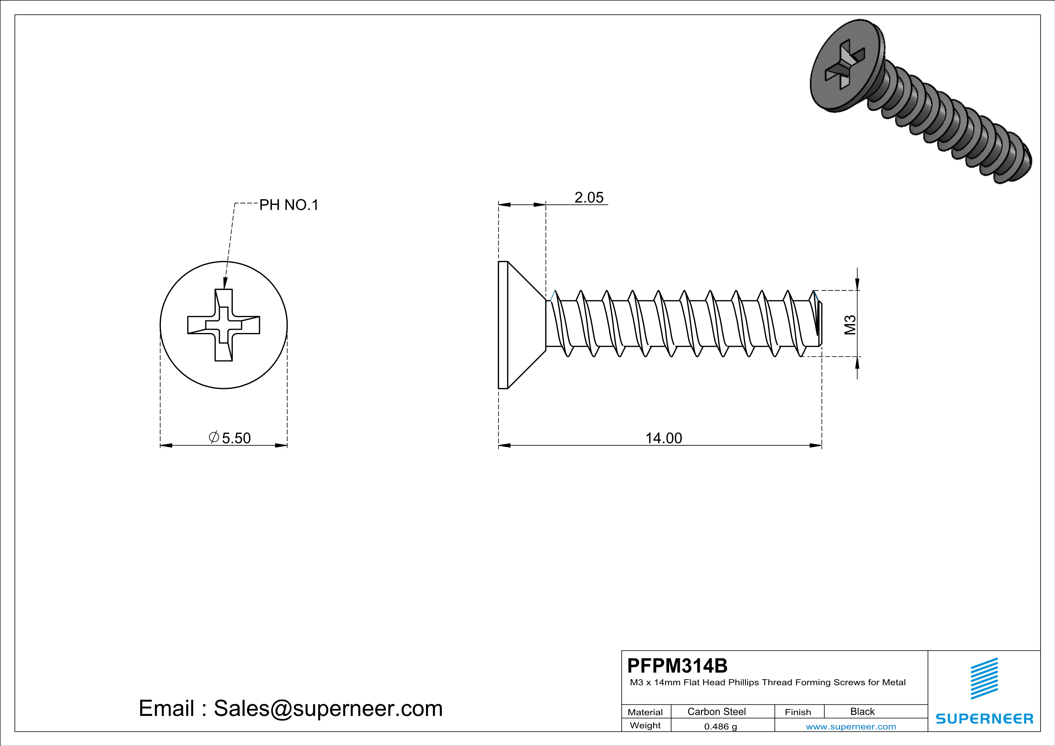 M3 &times; 14mm  Flat Head Phillips Thread Foming Screws for Plastic   Steel Black