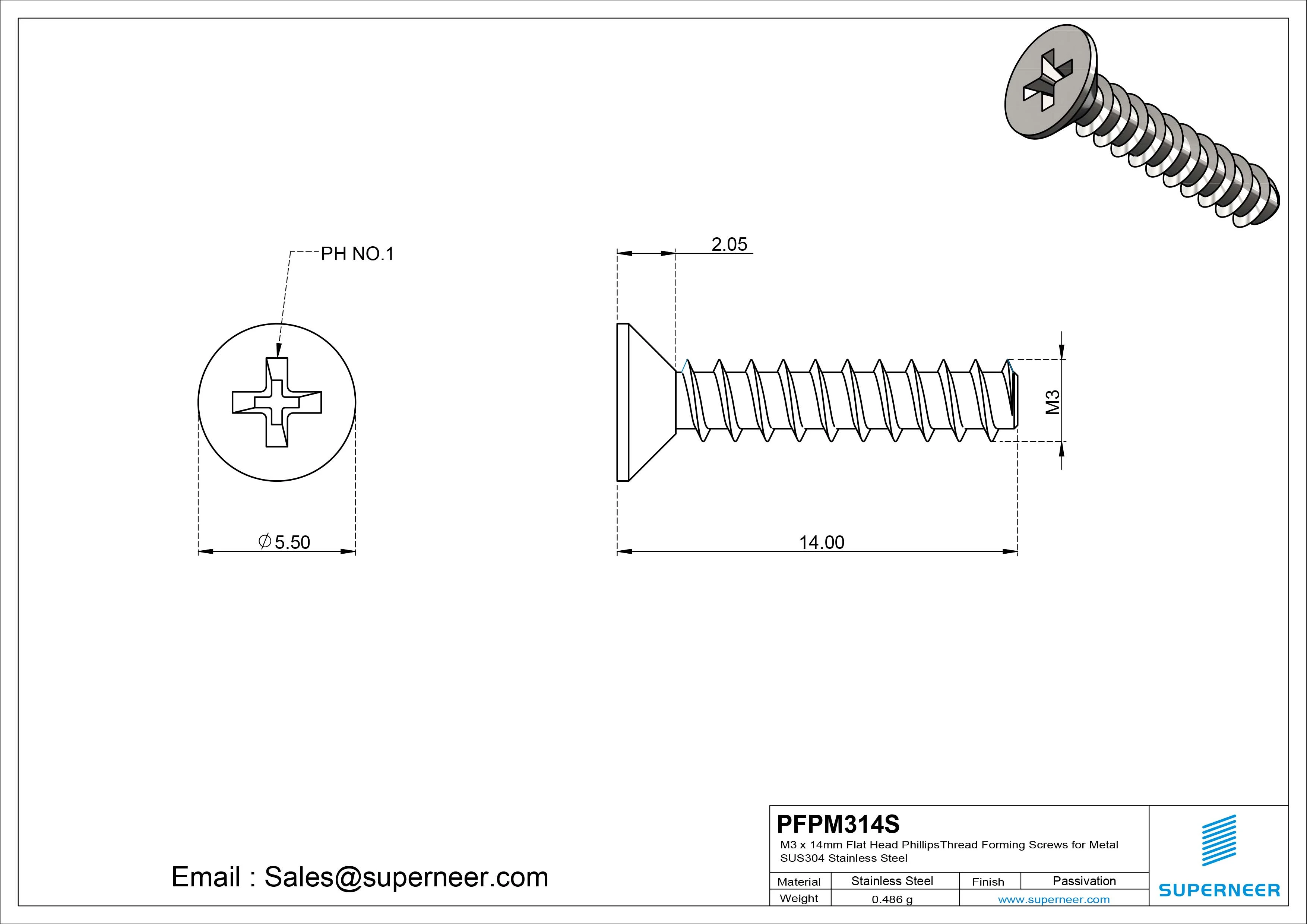 M3 &times; 14mm  Flat Head Phillips Thread Foming Screws for Plastic SUS304 Stainless Steel Inox