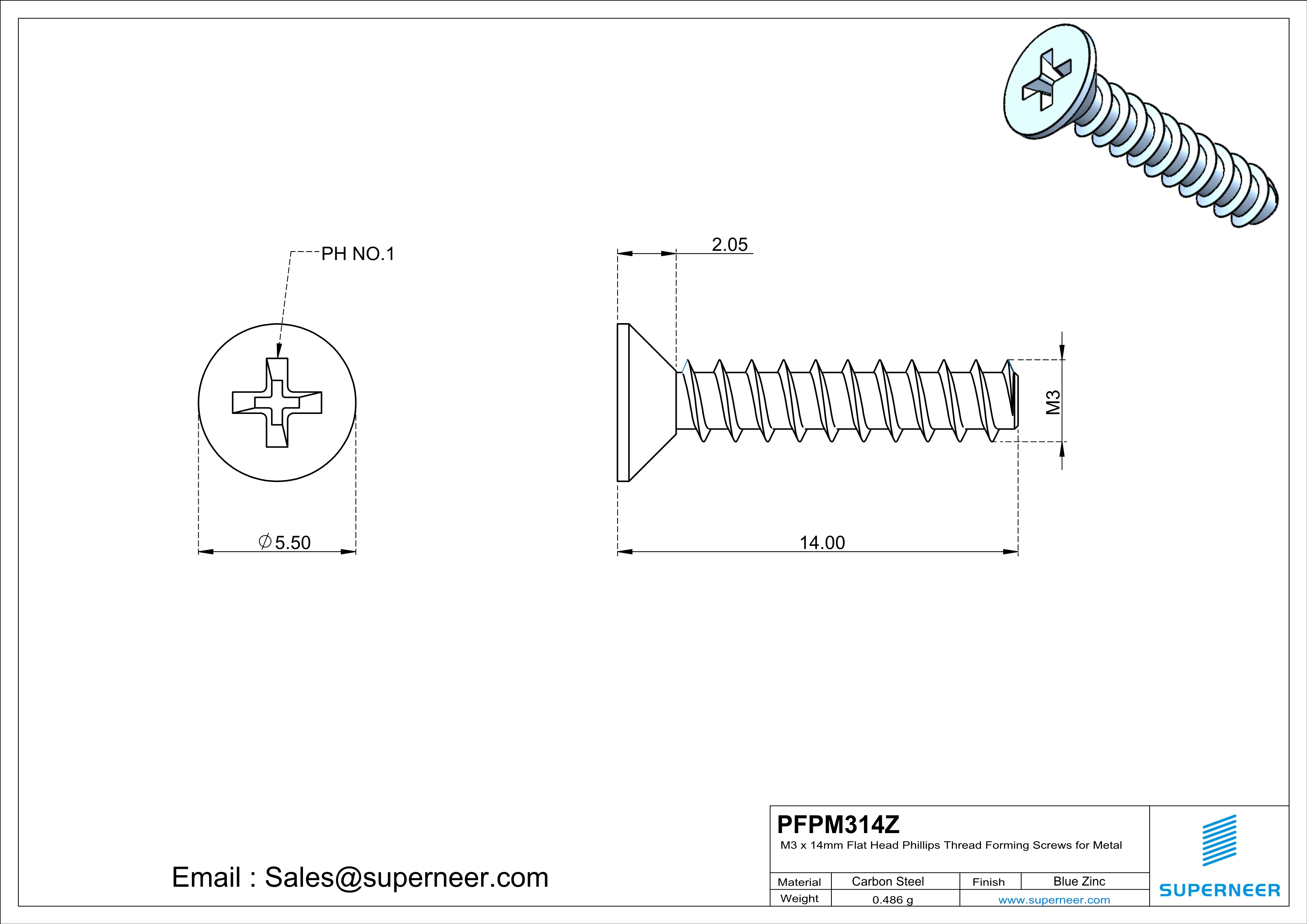 M3 &times; 14mm  Flat Head Phillips Thread Foming Screws for Plastic   Steel Blue Zinc Plated
