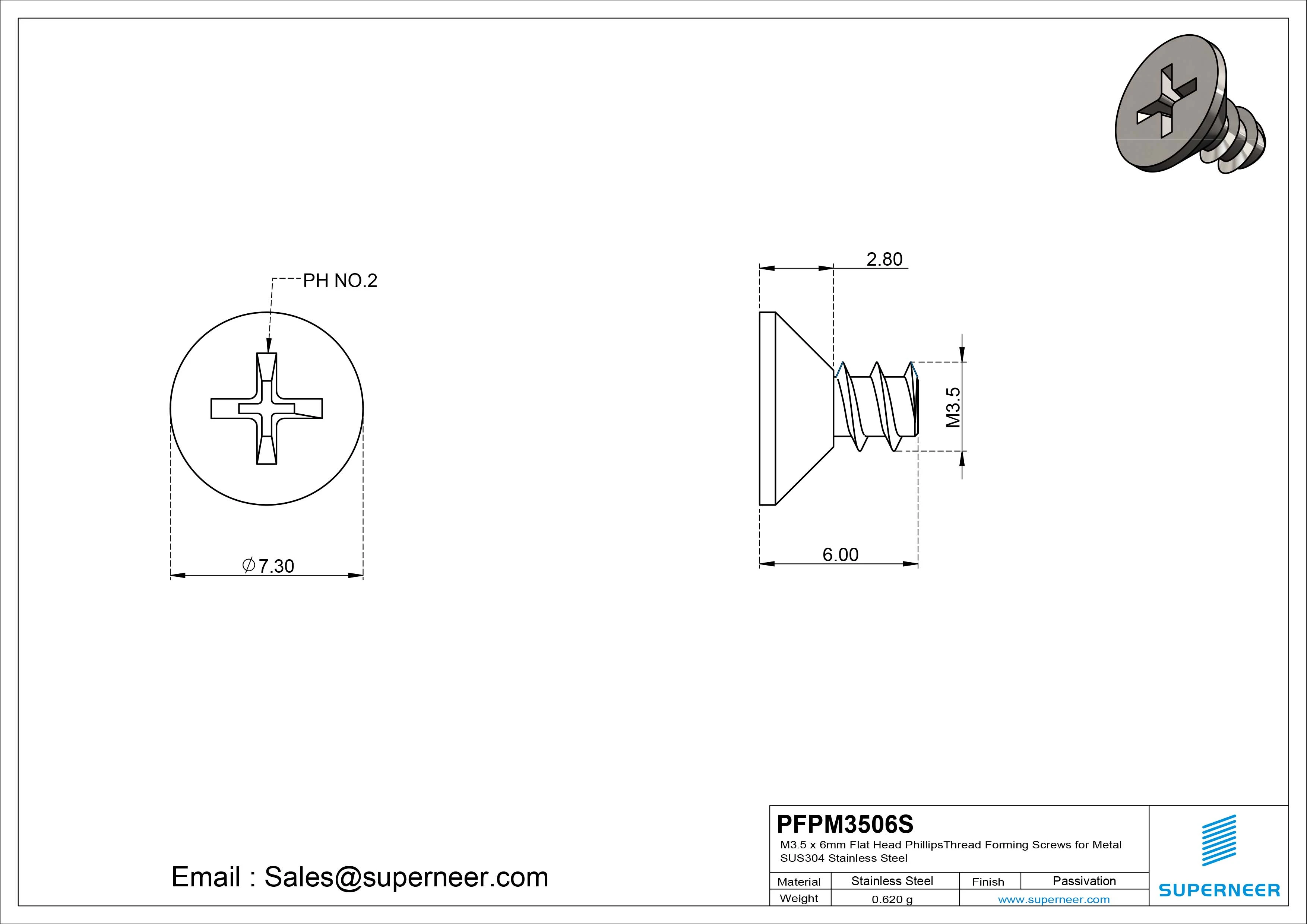 M3.5 &times; 6mm  Flat Head Phillips Thread Foming Screws for Plastic SUS304 Stainless Steel Inox
