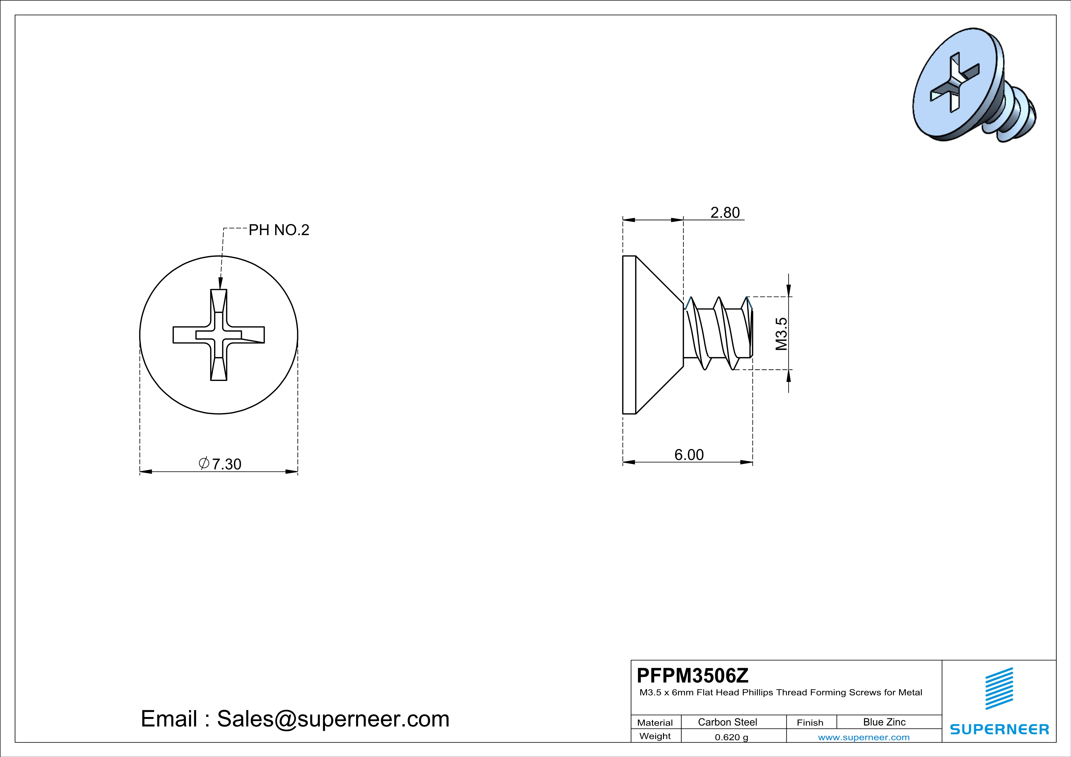 M3.5 &times; 6mm  Flat Head Phillips Thread Foming Screws for Plastic   Steel Blue Zinc Plated