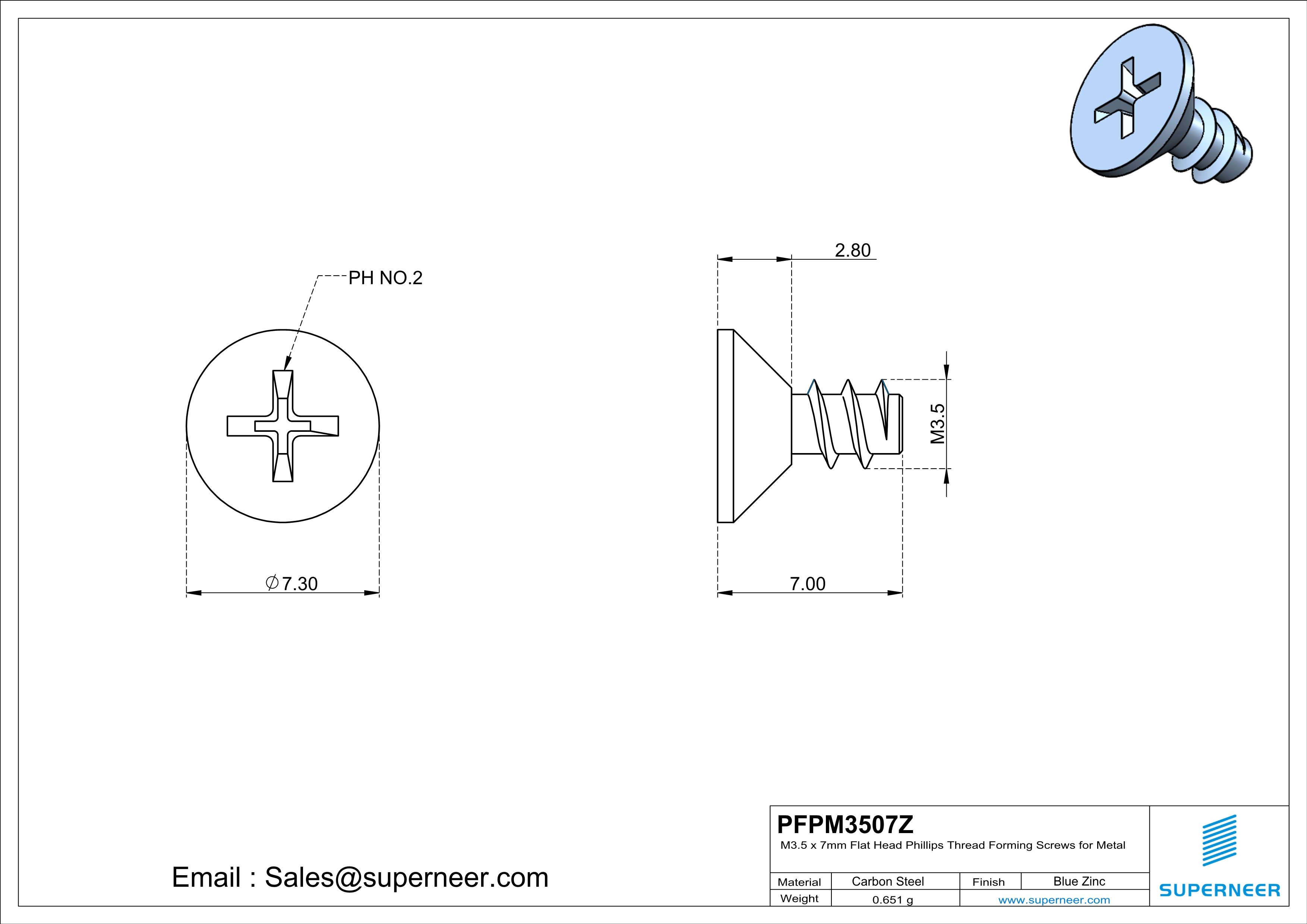 M3.5 &times; 7mm  Flat Head Phillips Thread Foming Screws for Plastic   Steel Blue Zinc Plated