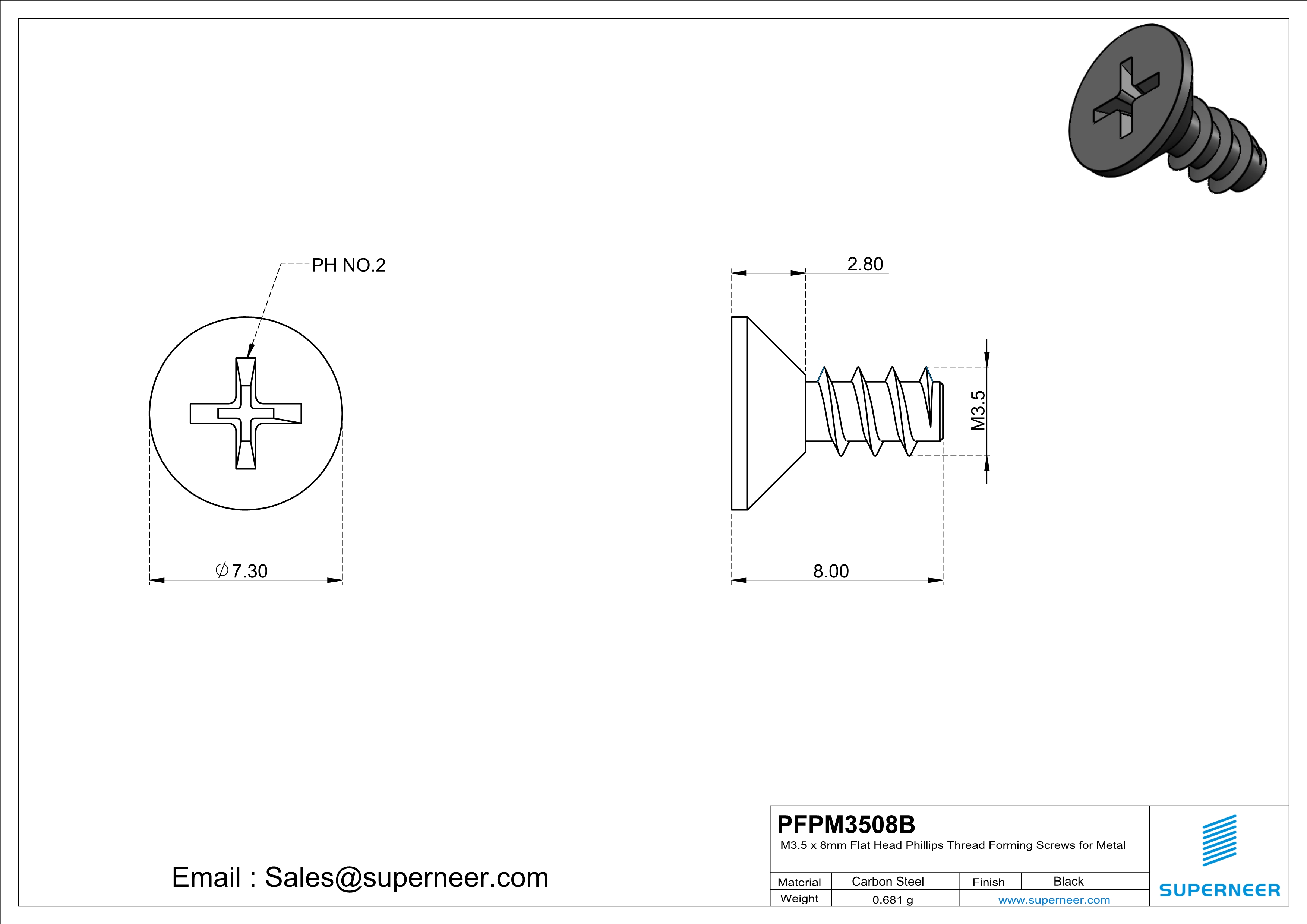 M3.5 &times; 8mm  Flat Head Phillips Thread Foming Screws for Plastic   Steel Black