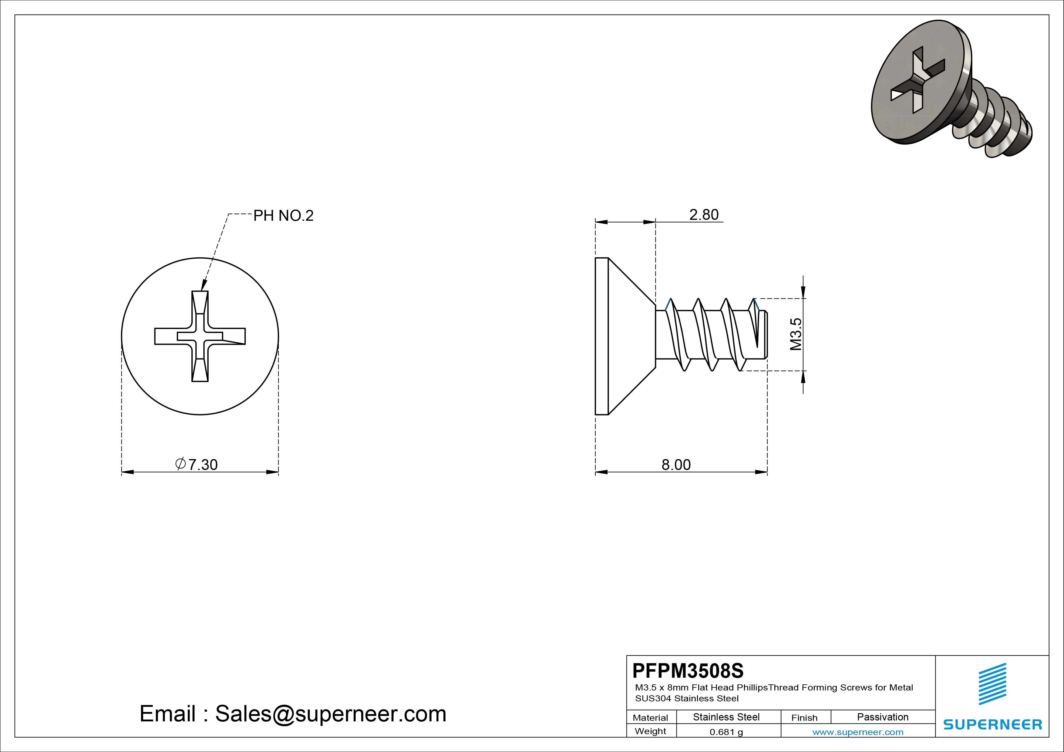 M3.5 &times; 8mm  Flat Head Phillips Thread Foming Screws for Plastic SUS304 Stainless Steel Inox