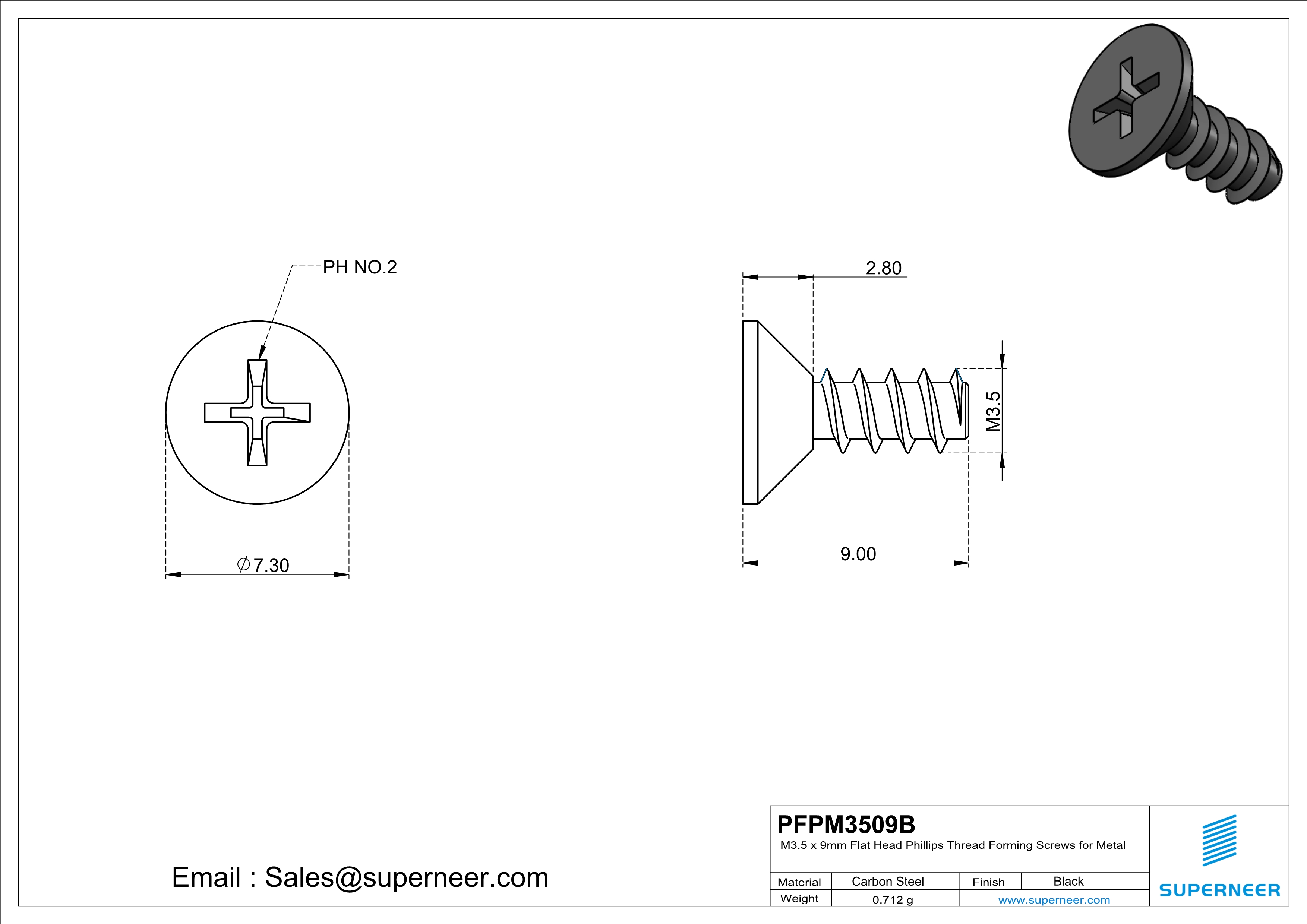 M3.5 &times; 9mm  Flat Head Phillips Thread Foming Screws for Plastic   Steel Black