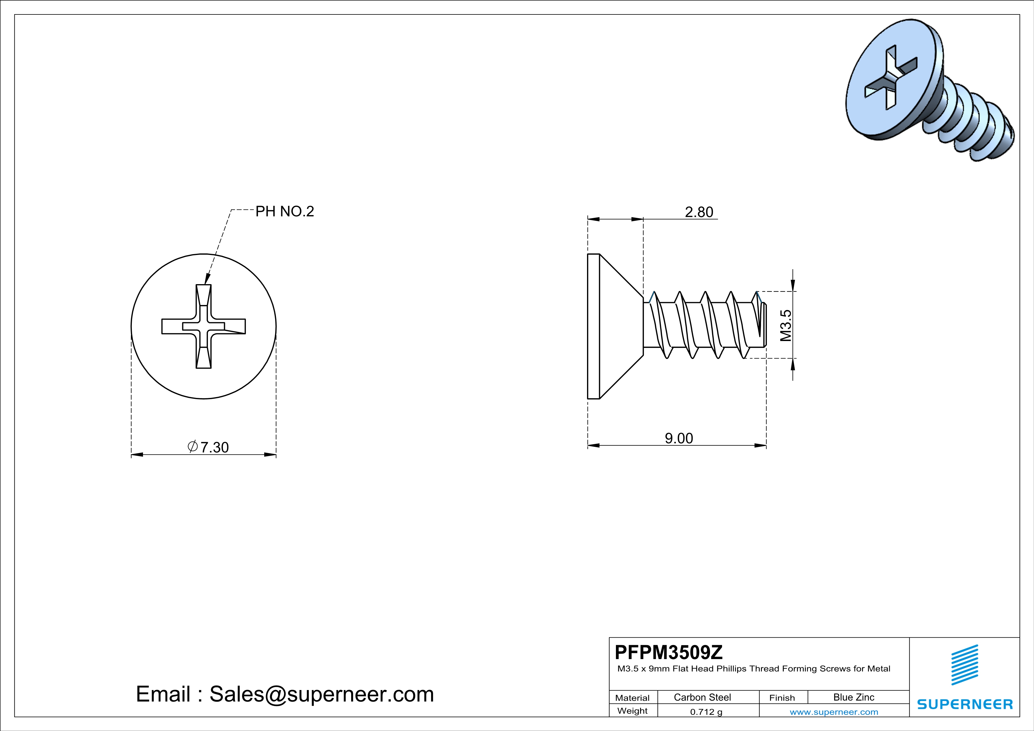 M3.5 &times; 9mm  Flat Head Phillips Thread Foming Screws for Plastic   Steel Blue Zinc Plated