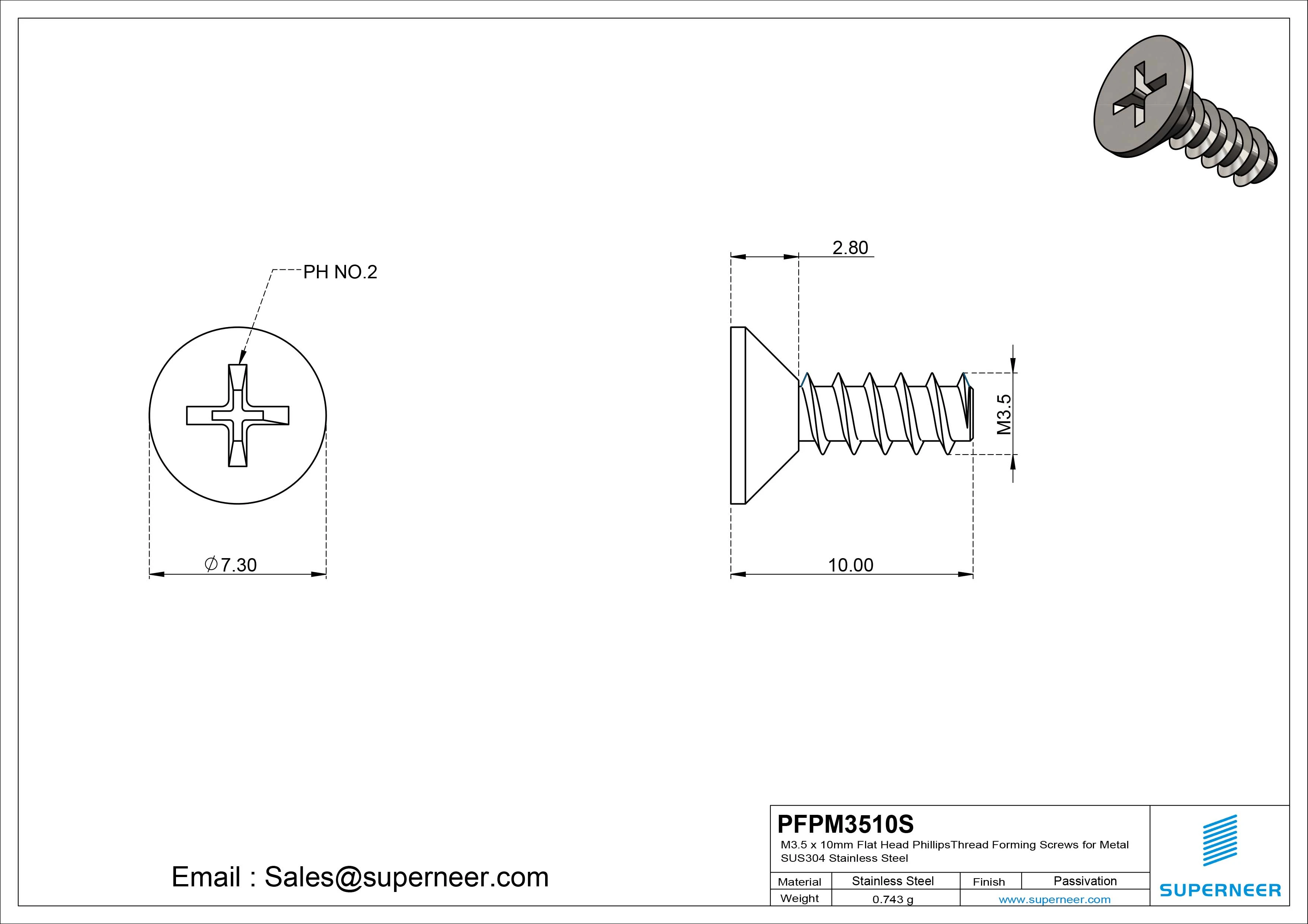 M3.5 &times; 10mm  Flat Head Phillips Thread Foming Screws for Plastic SUS304 Stainless Steel Inox