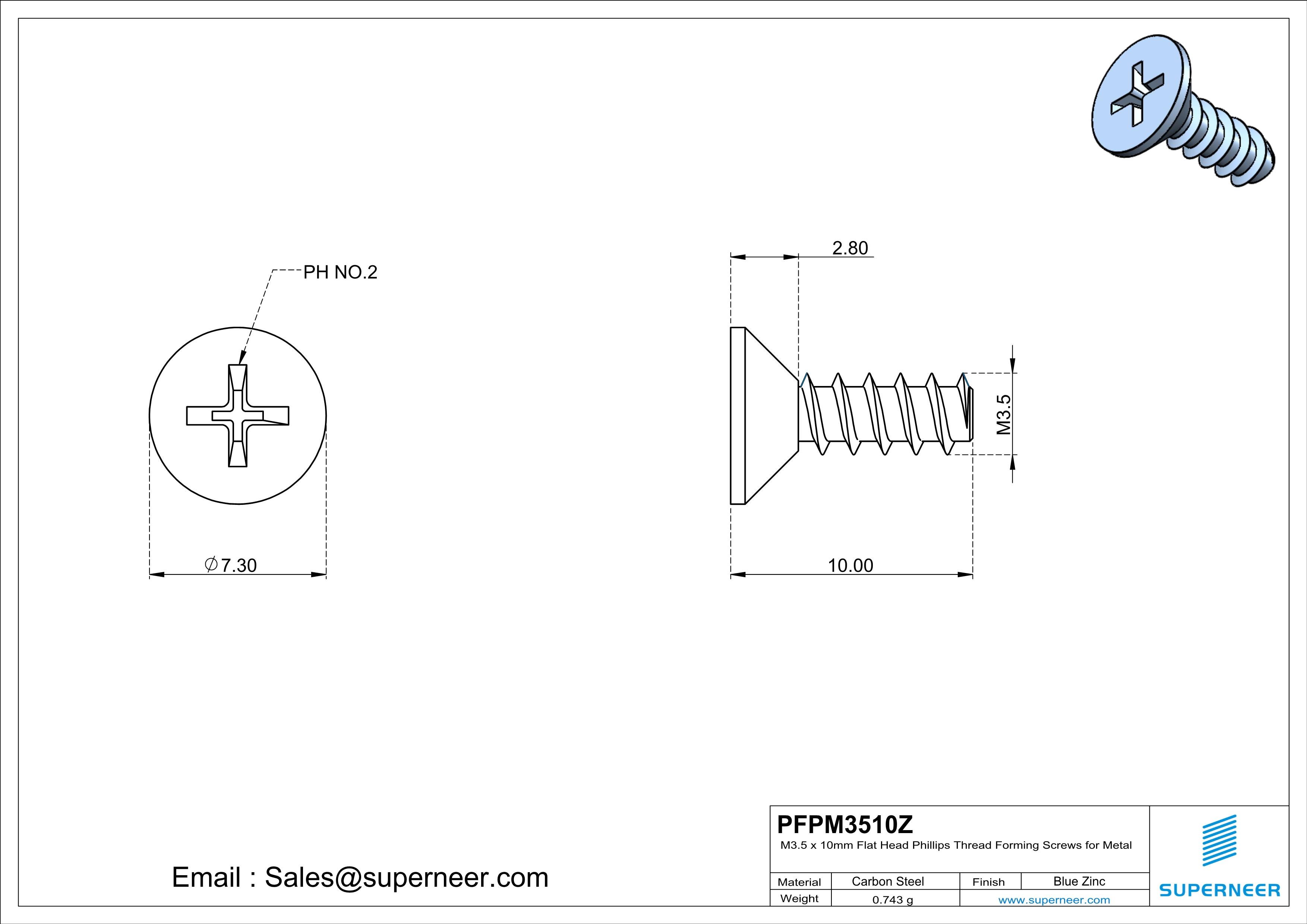 M3.5 &times; 10mm  Flat Head Phillips Thread Foming Screws for Plastic   Steel Blue Zinc Plated