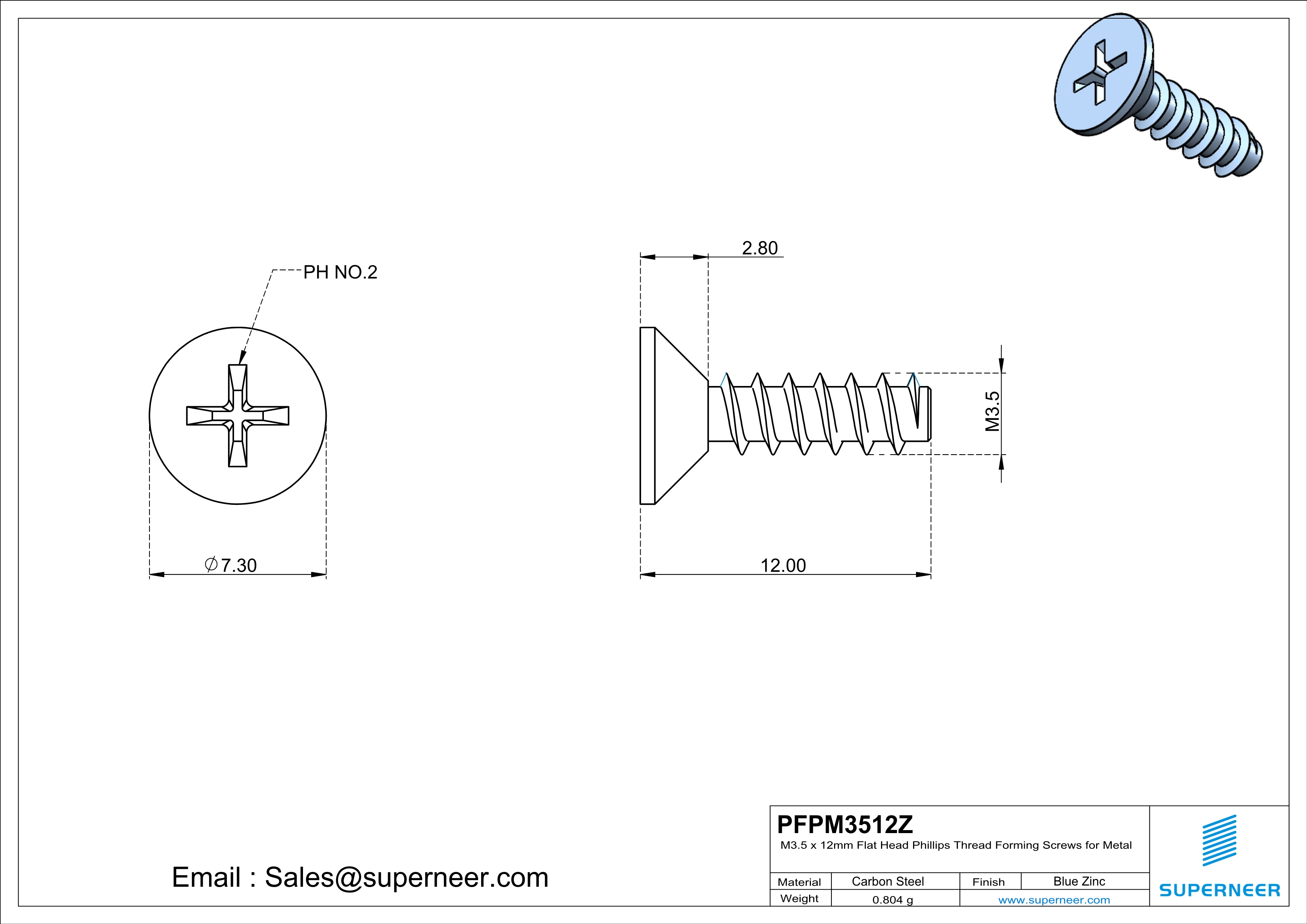 M3.5 &times; 12mm  Flat Head Phillips Thread Foming Screws for Plastic   Steel Blue Zinc Plated