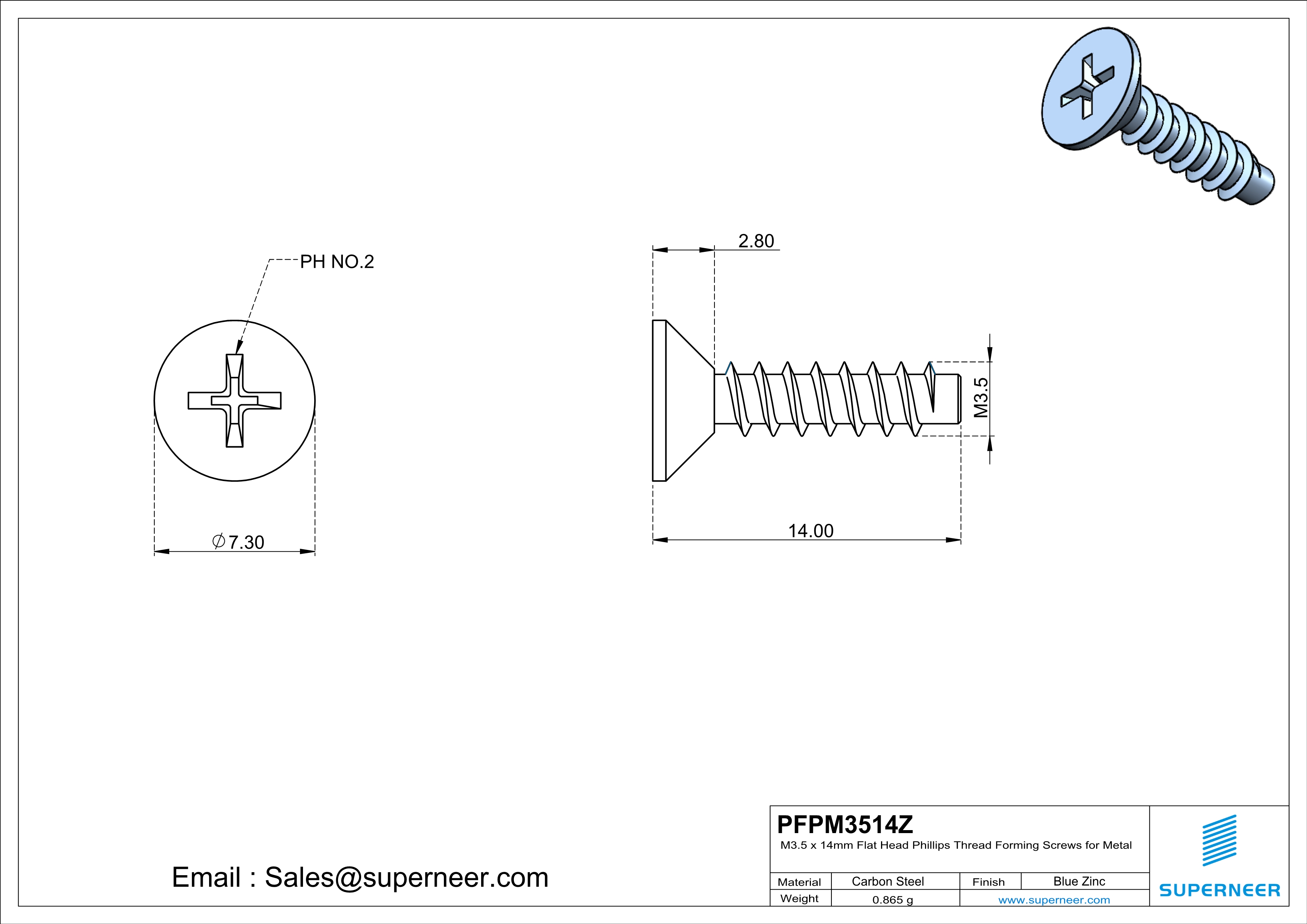 M3.5 &times; 14mm  Flat Head Phillips Thread Foming Screws for Plastic   Steel Blue Zinc Plated