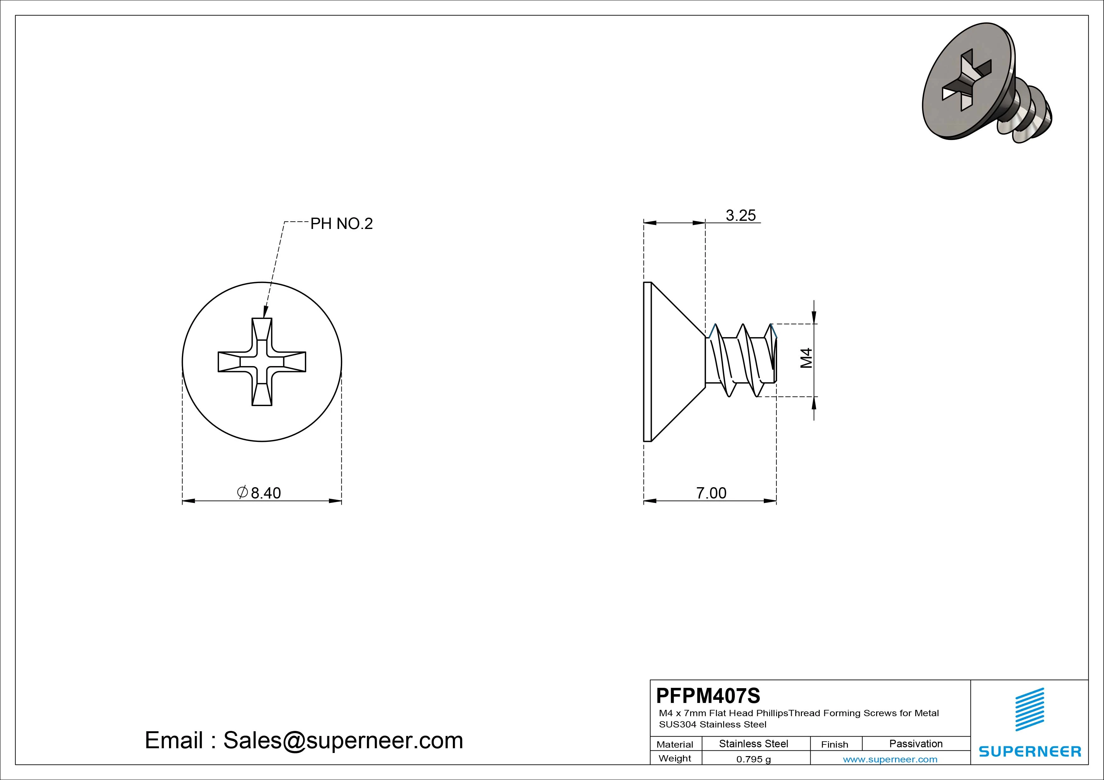 M4 &times; 7mm  Flat Head Phillips Thread Foming Screws for Plastic SUS304 Stainless Steel Inox