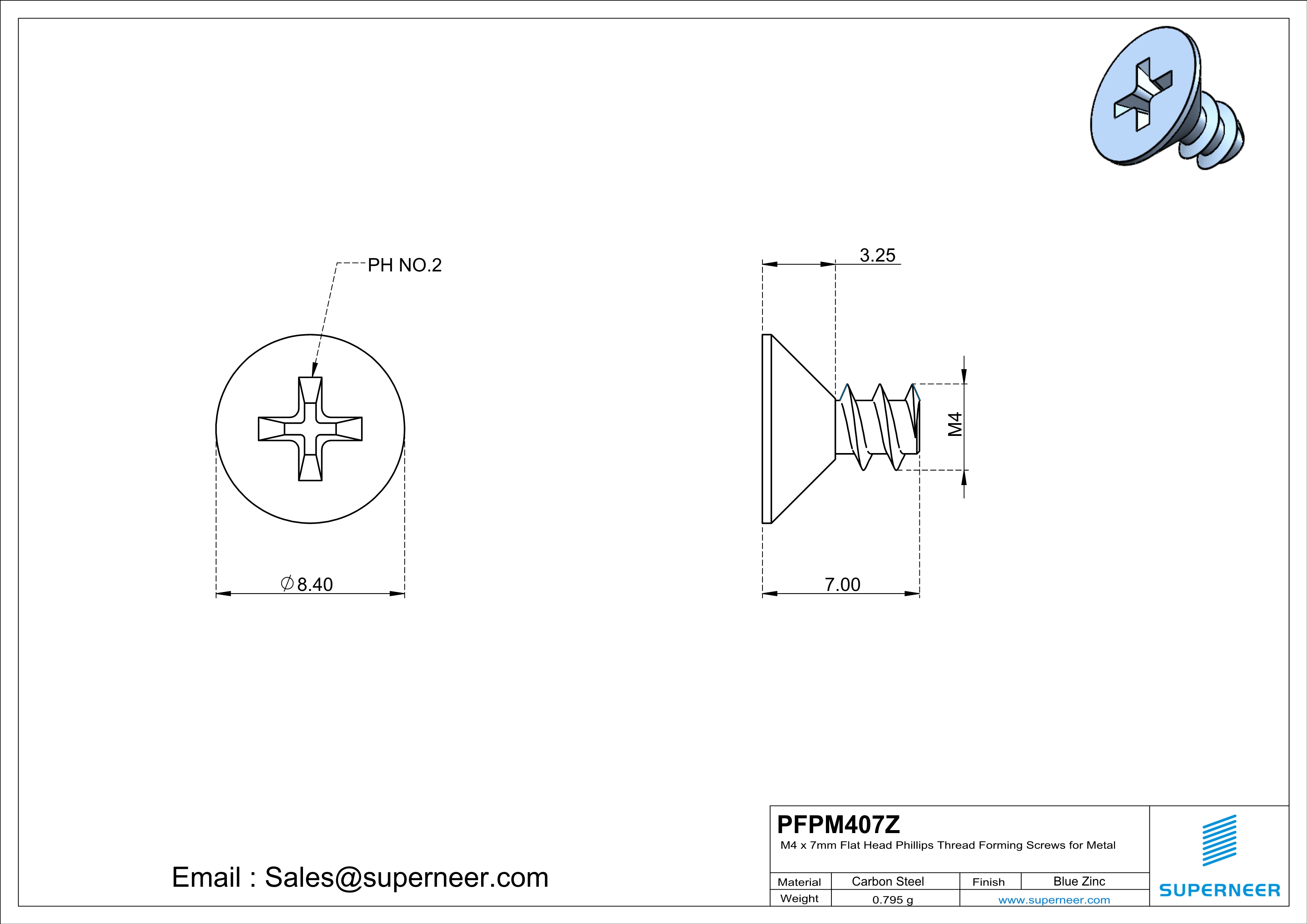 M4 &times; 7mm  Flat Head Phillips Thread Foming Screws for Plastic   Steel Blue Zinc Plated