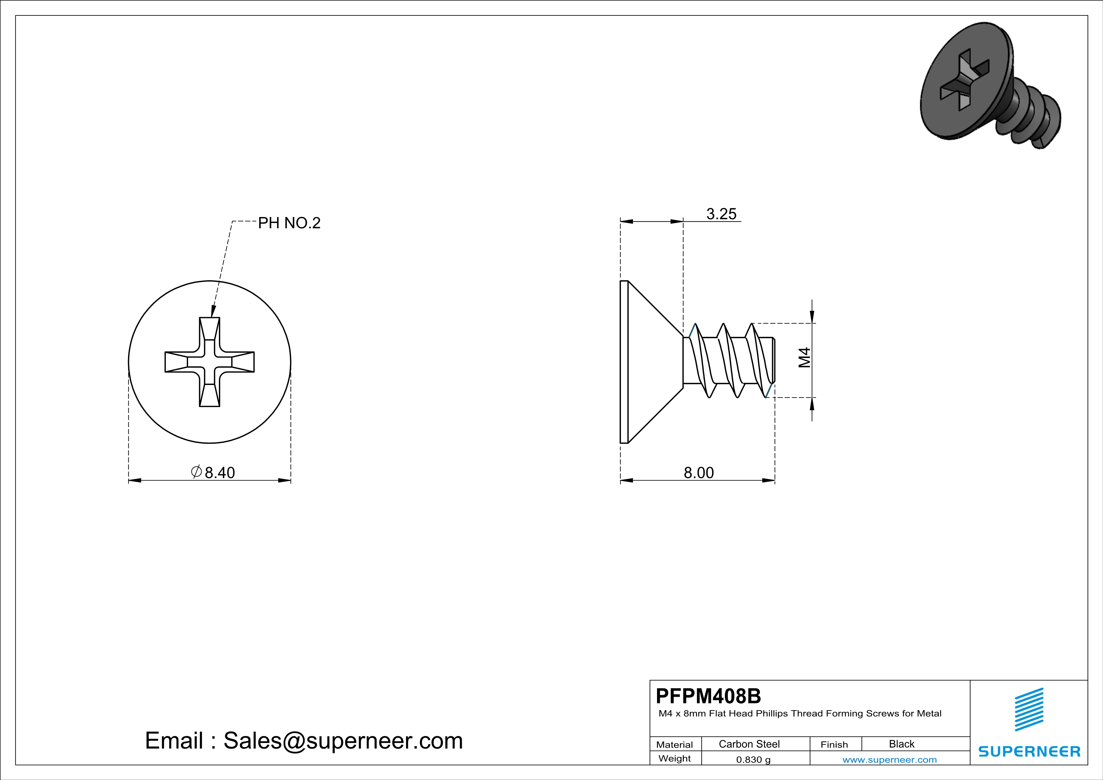 M4 &times; 8mm  Flat Head Phillips Thread Foming Screws for Plastic   Steel Black