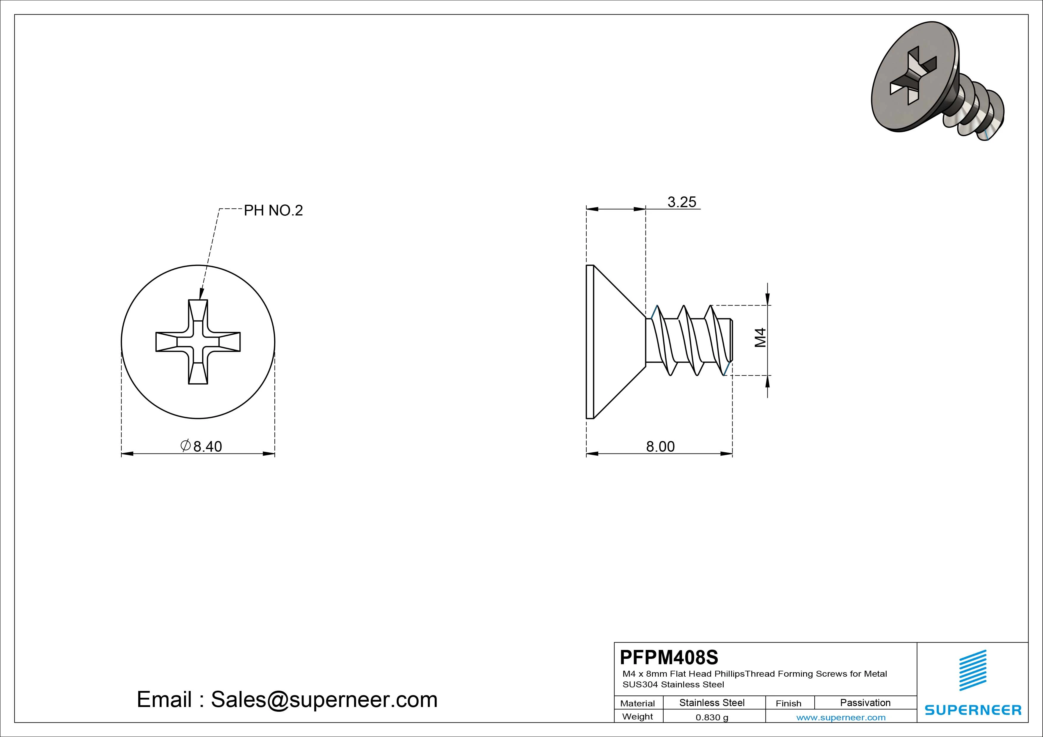 M4 &times; 8mm  Flat Head Phillips Thread Foming Screws for Plastic SUS304 Stainless Steel Inox