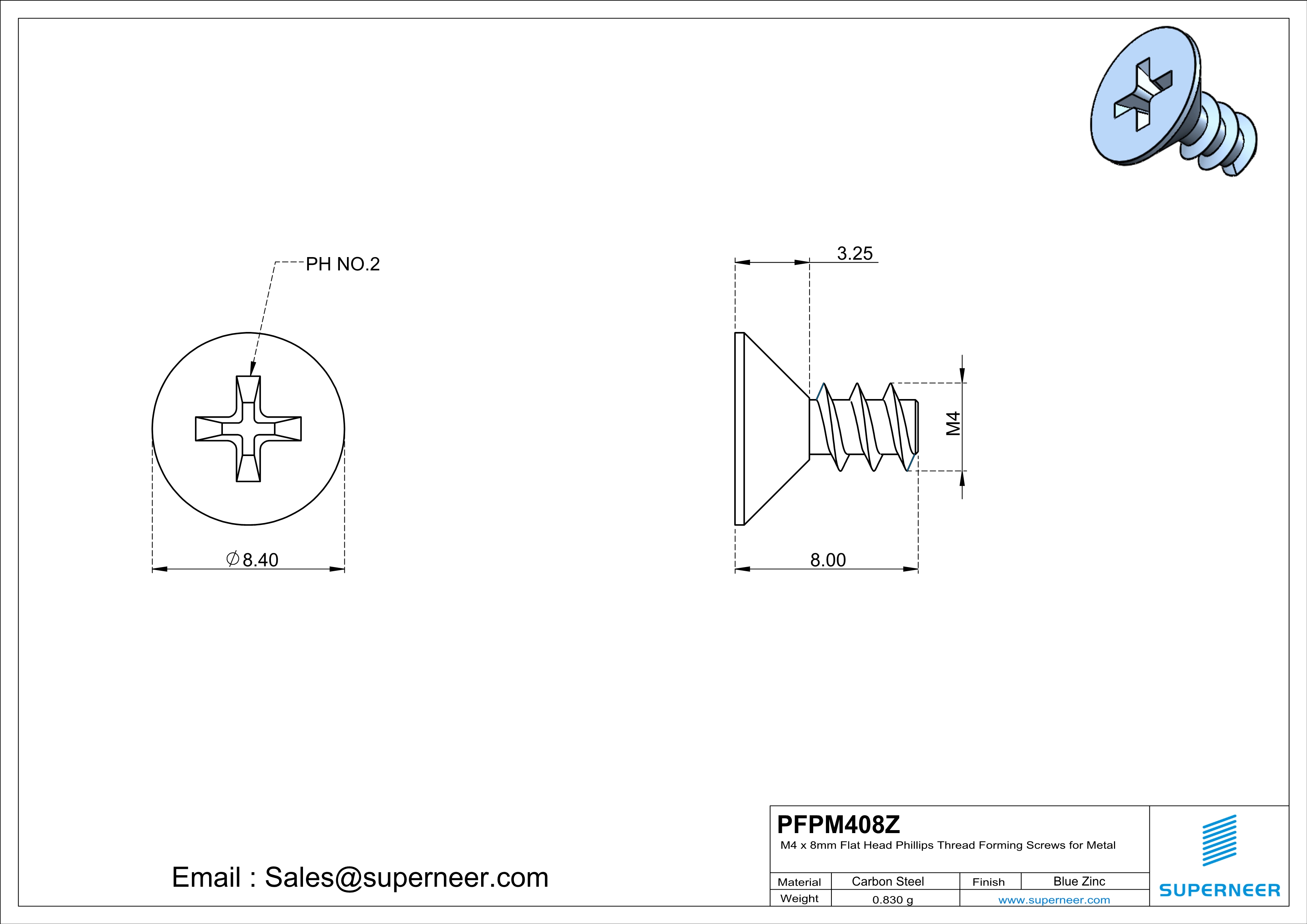 M4 &times; 8mm  Flat Head Phillips Thread Foming Screws for Plastic   Steel Blue Zinc Plated