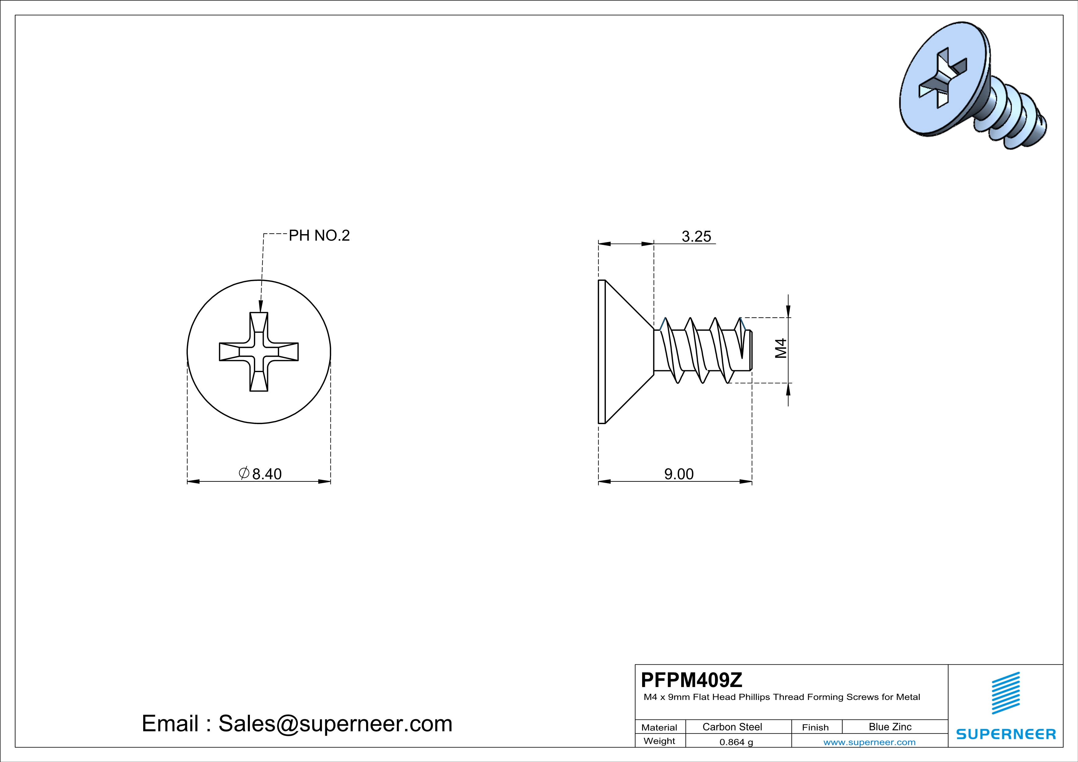 M4 &times; 9mm  Flat Head Phillips Thread Foming Screws for Plastic   Steel Blue Zinc Plated