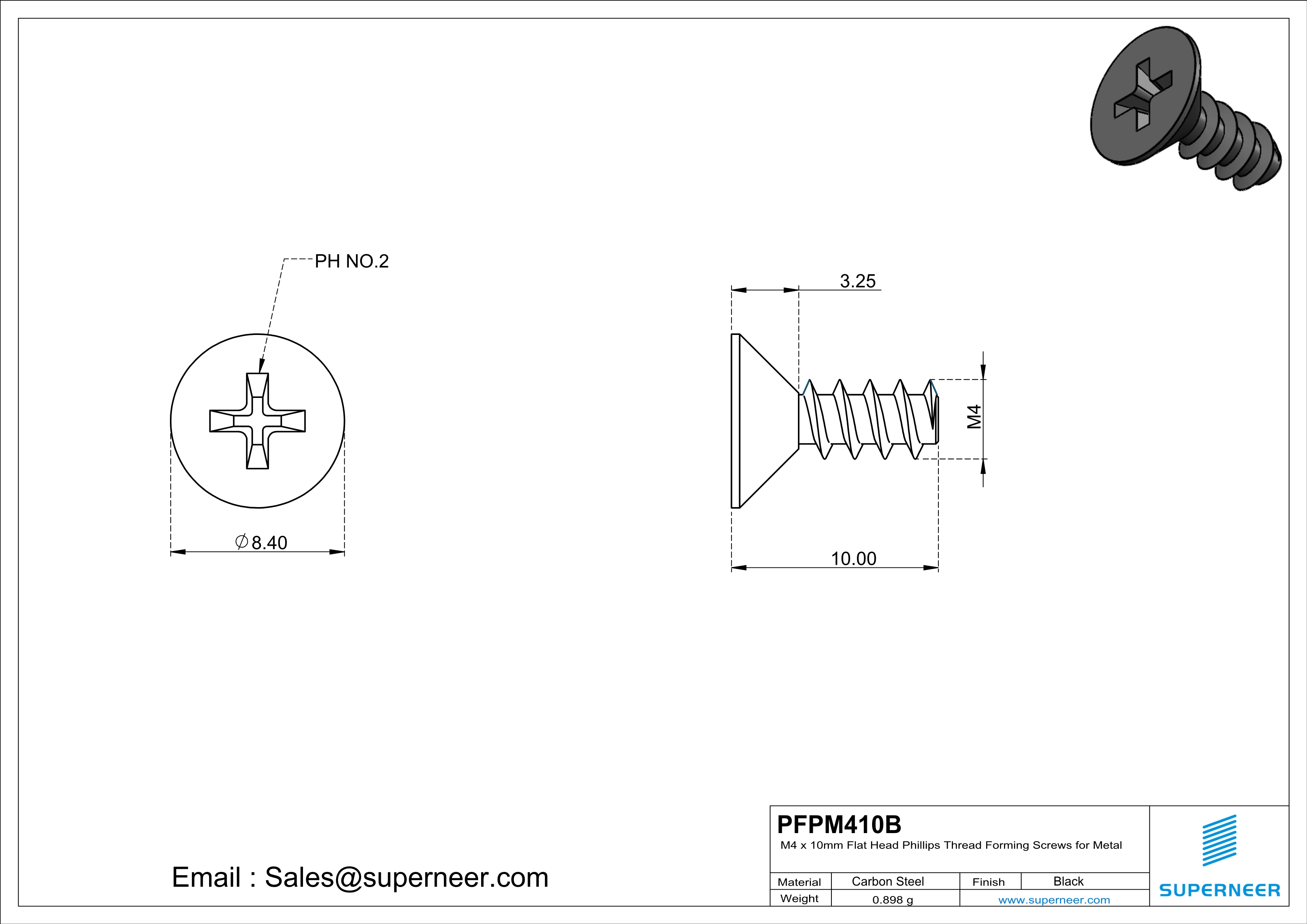 M4 &times; 10mm  Flat Head Phillips Thread Foming Screws for Plastic   Steel Black