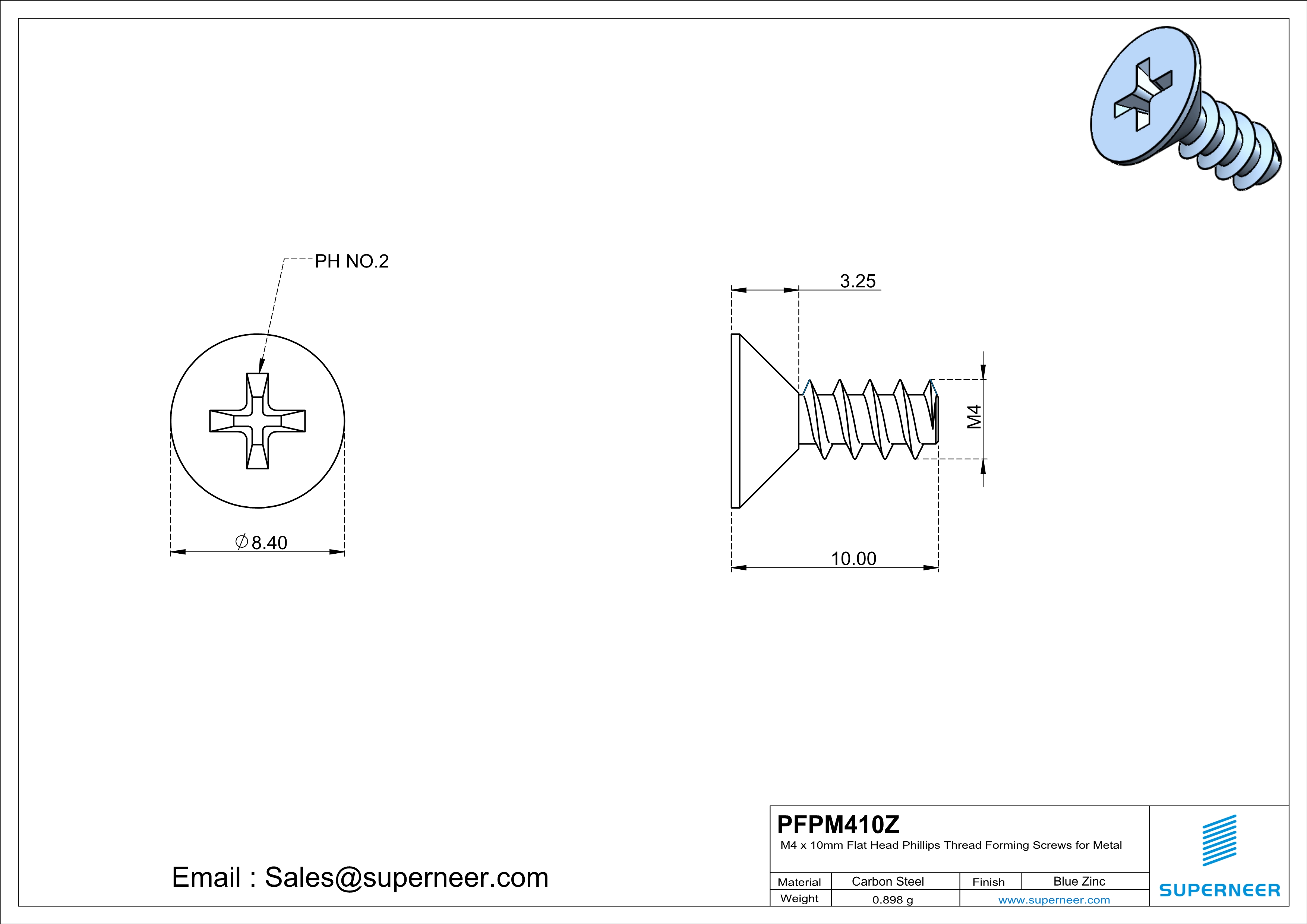 M4 &times; 10mm  Flat Head Phillips Thread Foming Screws for Plastic   Steel Blue Zinc Plated