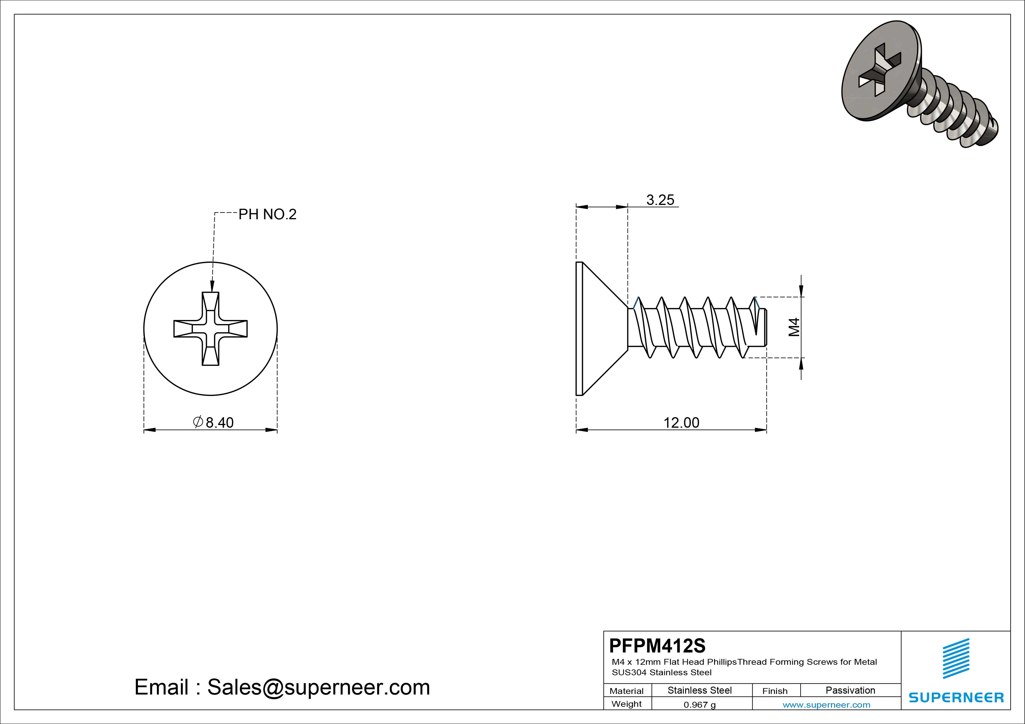 M4 &times; 12mm  Flat Head Phillips Thread Foming Screws for Plastic SUS304 Stainless Steel Inox