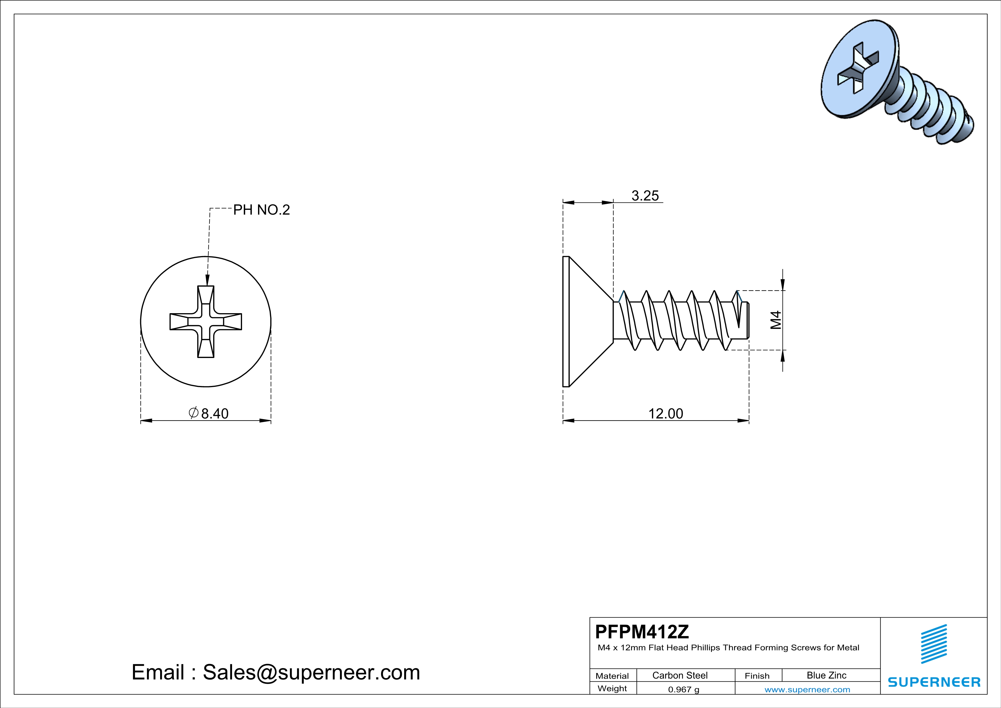 M4 &times; 12mm  Flat Head Phillips Thread Foming Screws for Plastic   Steel Blue Zinc Plated