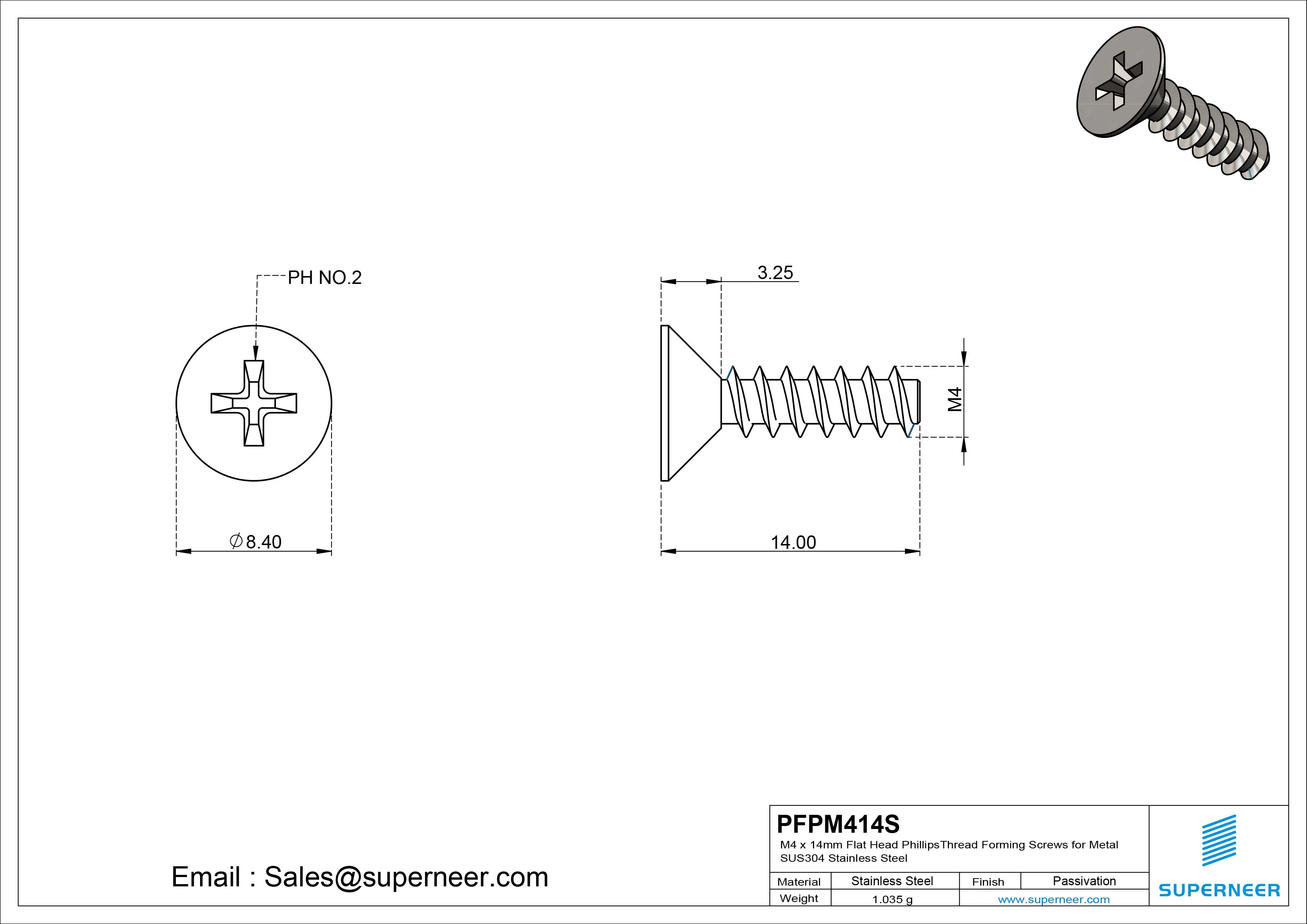 M4 &times; 14mm  Flat Head Phillips Thread Foming Screws for Plastic SUS304 Stainless Steel Inox