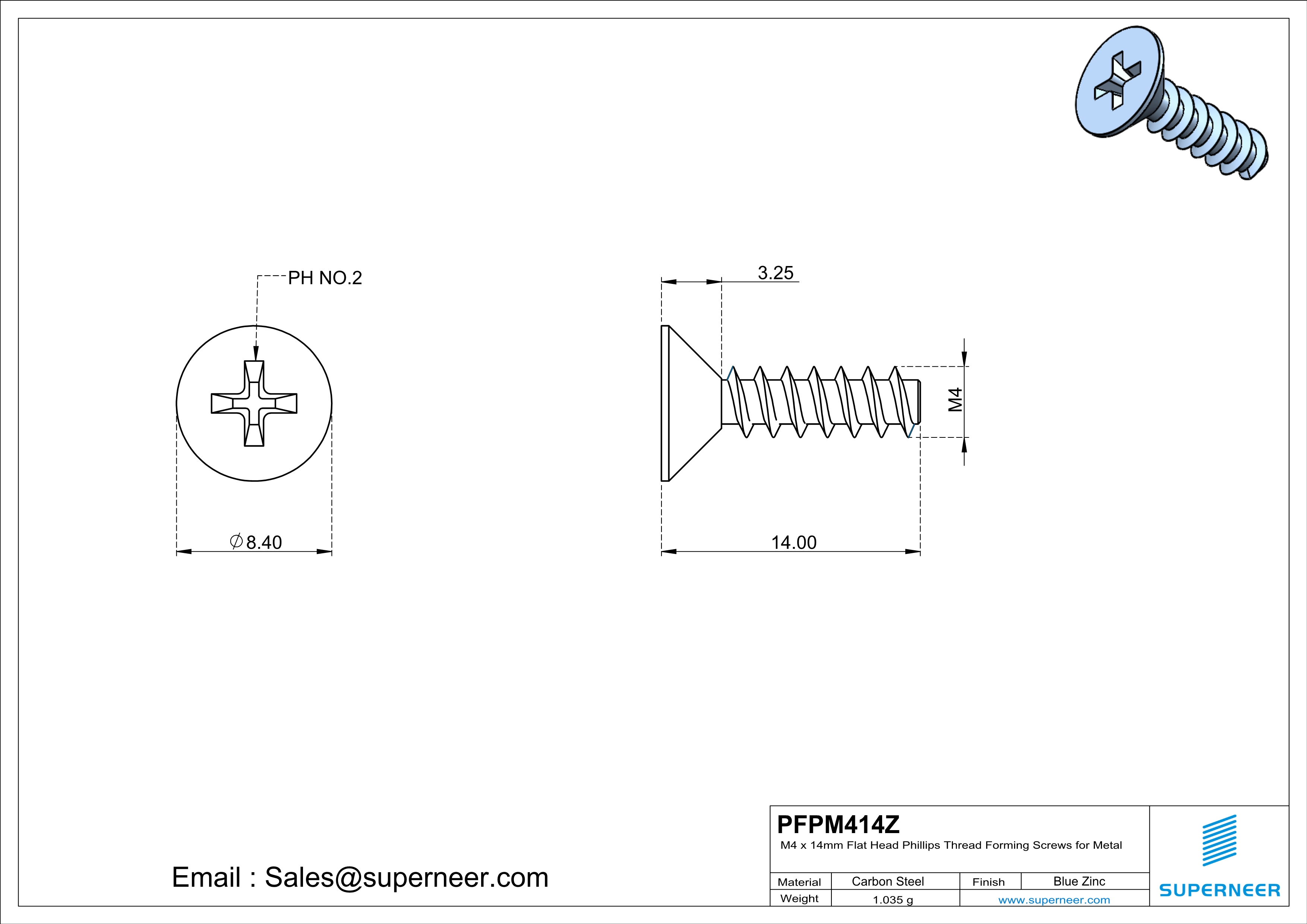 M4 &times; 14mm  Flat Head Phillips Thread Foming Screws for Plastic   Steel Blue Zinc Plated